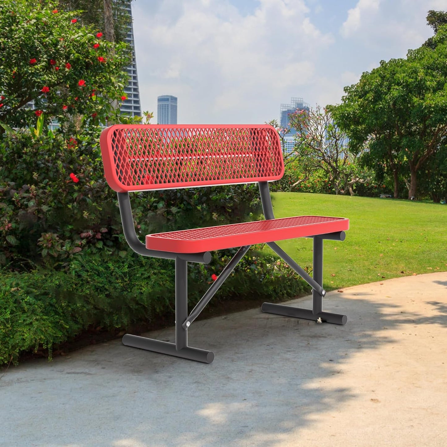Heavy Duty Park Bench with Back Portable Frame, Outdoor Steel Bench with Backrest, Outdoor Park Bench Expanded Metal Mesh Bench for Lawn, Park, Deck, Garden, Patio, Porch, Black (Red, 4FT)