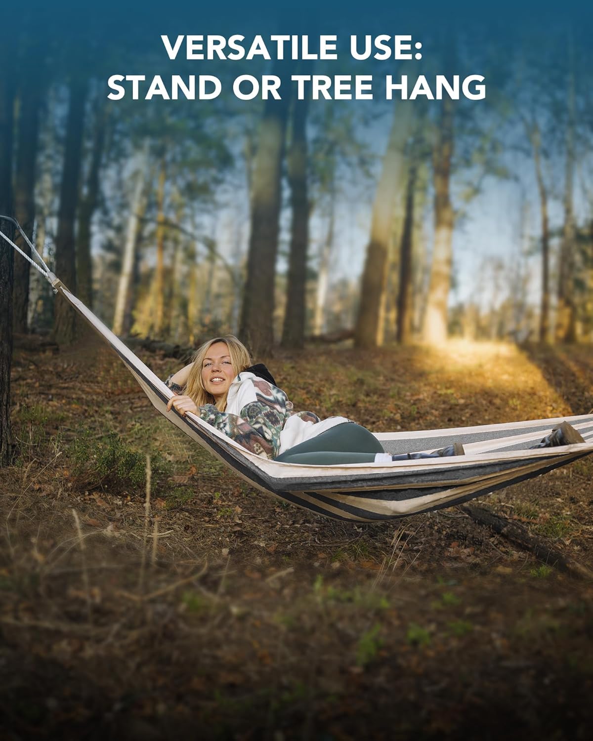 Hammock with Heavy-Duty Steel Stand,Portable,Easy Assembly,600lbs Weight Capacity,Suit for Indoor,Yard,Camping,or Outdoor,Black White