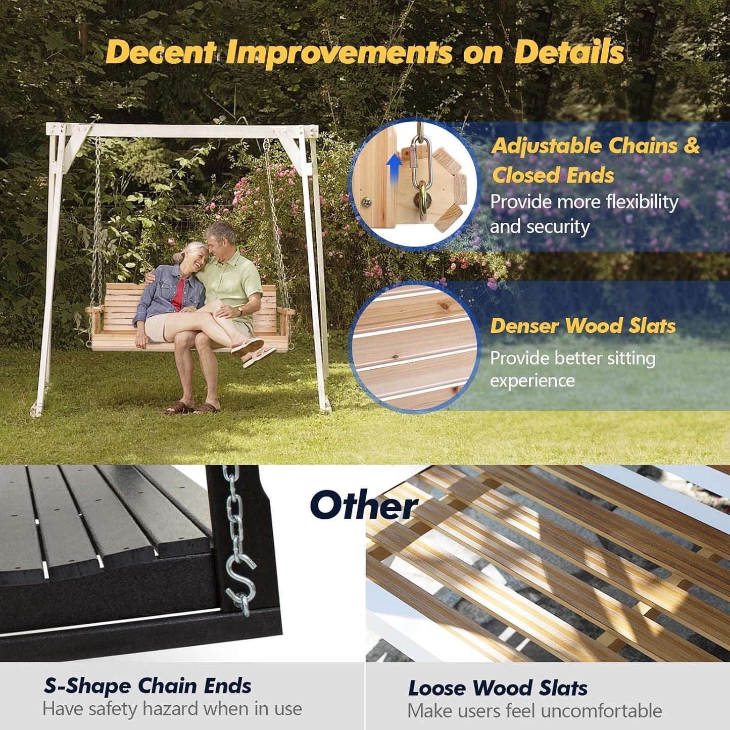 VINGLI Upgraded Patio Wooden Porch Swing for Courtyard & Garden, Heavy Duty 880 LBS Swing Chair Bench with Hanging Chains for Outdoors (Natural, 4 FT)