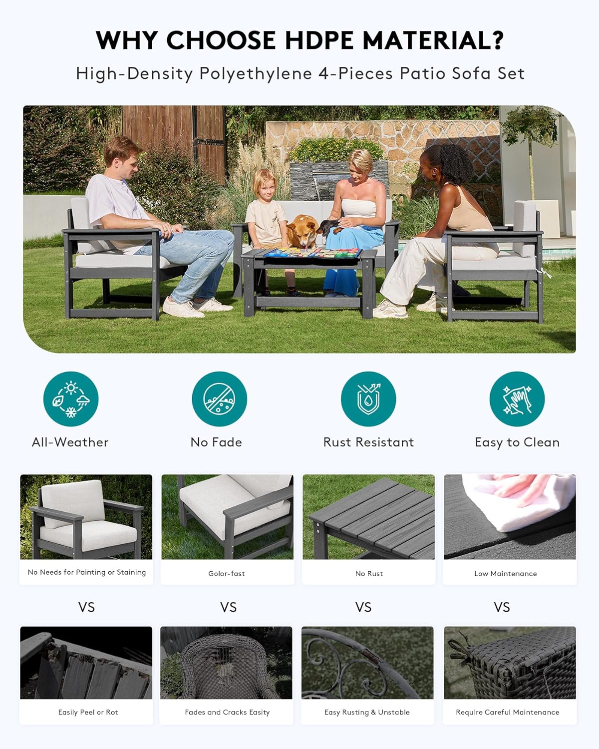SERWALL 2 Pieces Single Cushioned Sofa Chair, Grey HDPE Outdoor Adirondack Lounge Armchair with Khaki Cushion