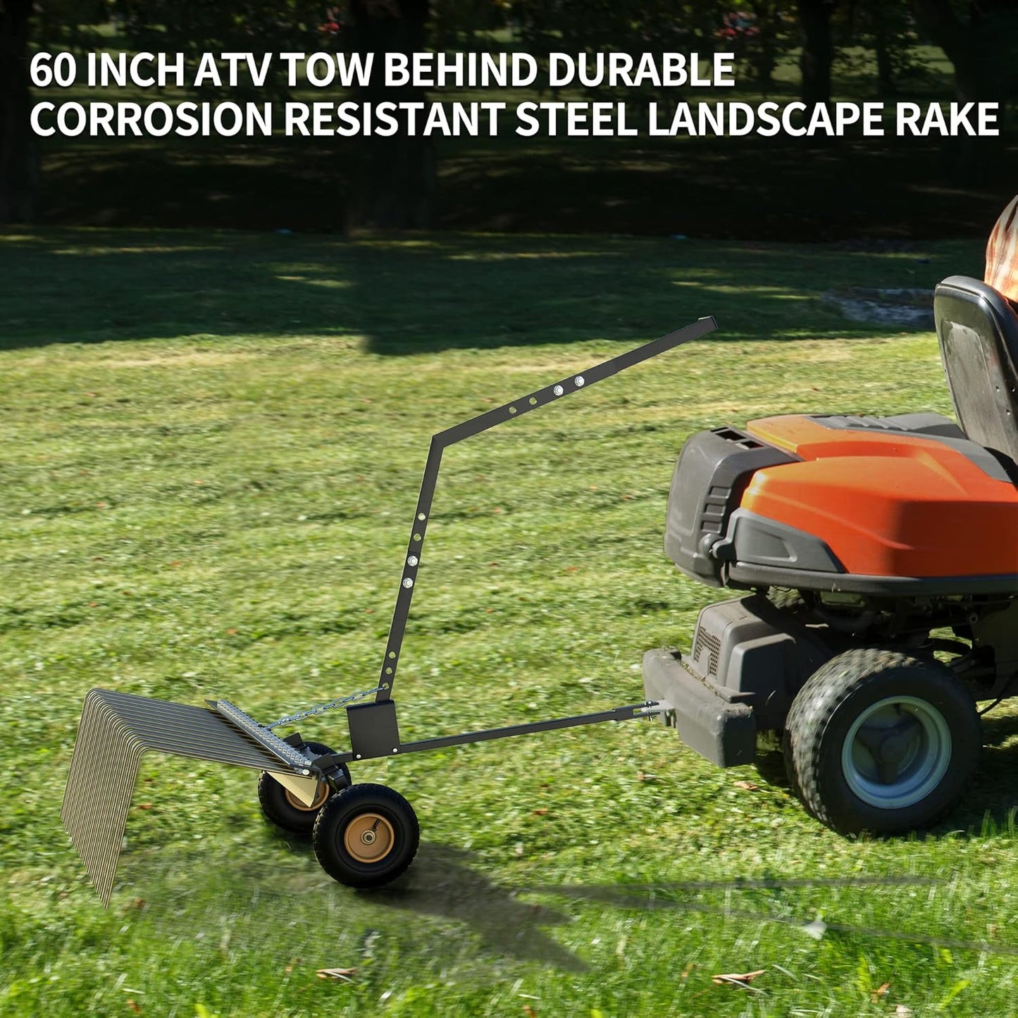 YITAMOTOR 60" Tow Behind Steel Pine Straw Rake Durable Corrosion Resistant Lawn Rake