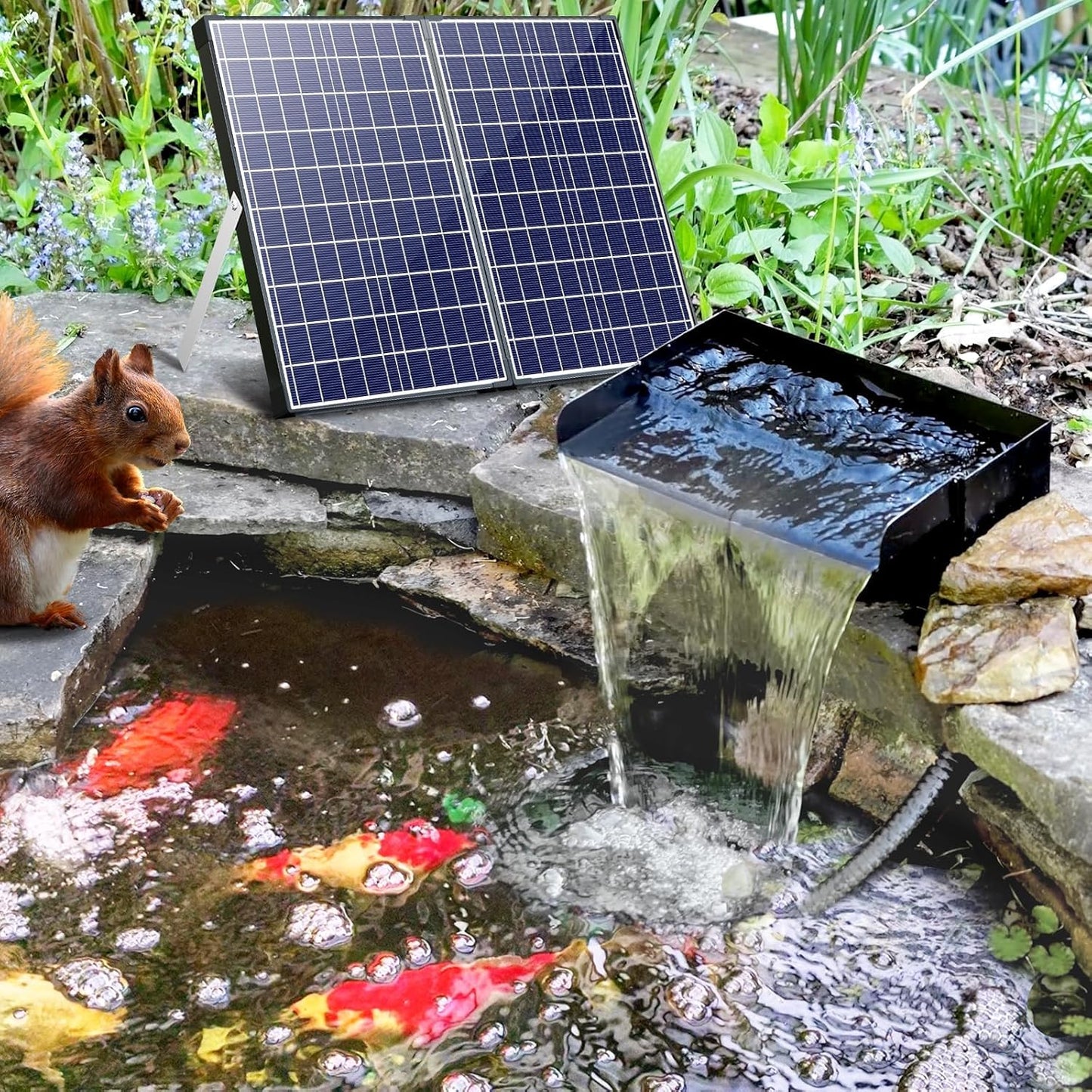 POPOSOAP 55W Solar Fountain Pump with Pond Waterfall Box, 304 Stainless Steel Pond Waterfall Spillway, Pond Spillway with 9.8FT PU Corrugated Tubing for Garden Waterfall,Water Features-P5552