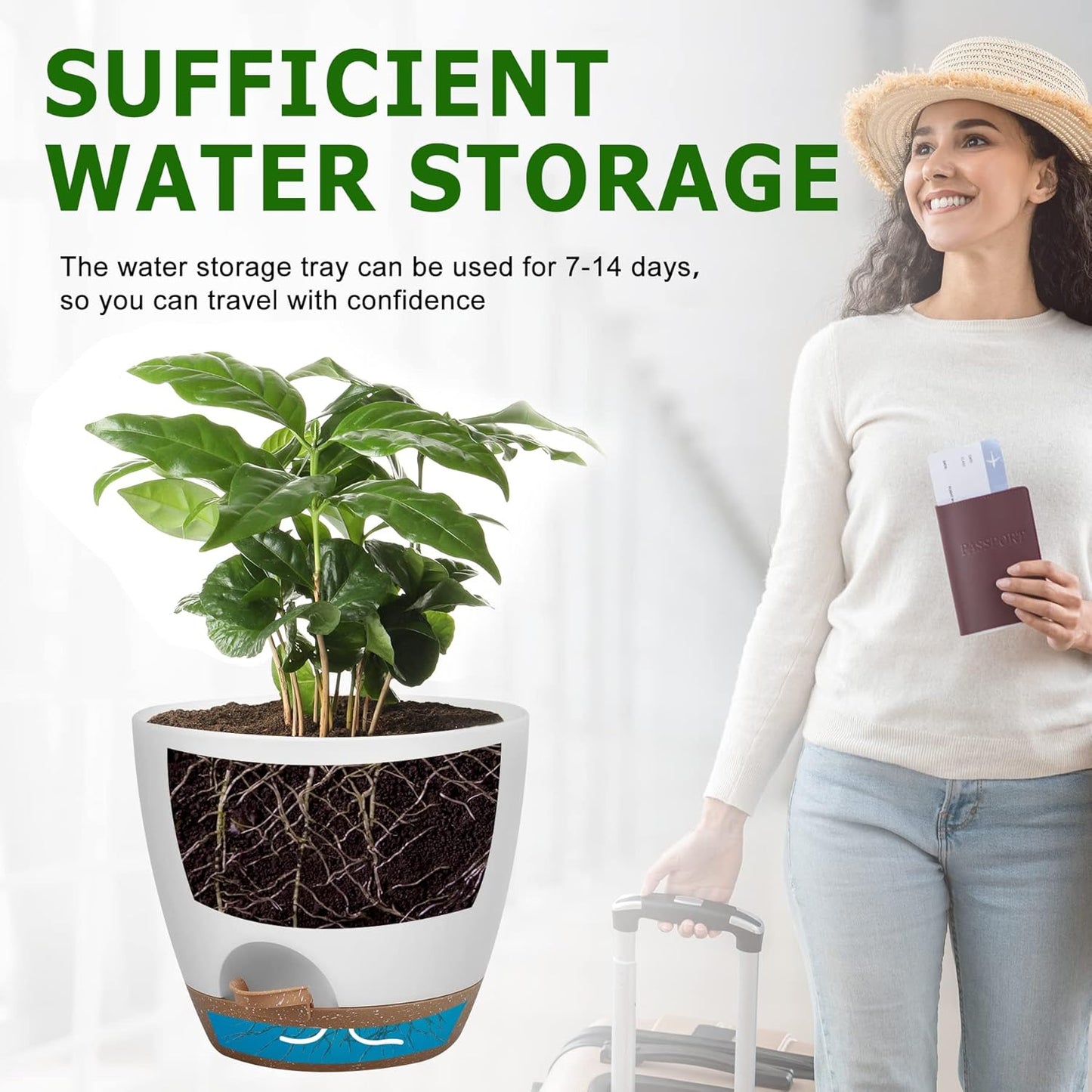 Plant Pots 10/9/8/7.5/7 Inch Self Watering Pots, Set of 5 Plastic Planters with Drainage Holes and Saucers,Plastic Flower Pots,Nursery Planting Pot for Indoor Out Door Plants（White）