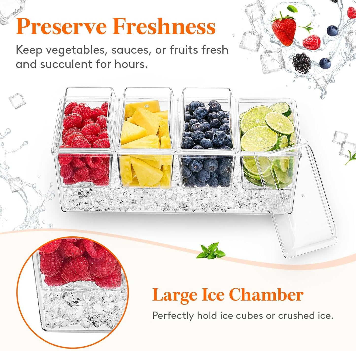Lifewit 2 Pack Ice Chilled Condiment Caddy with 4 Containers(2.5 cup), Condiment Server with Separate Lids, Serving Tray Platter for Bar Accessories, Fruit, Salad, Taco, Party Garnish