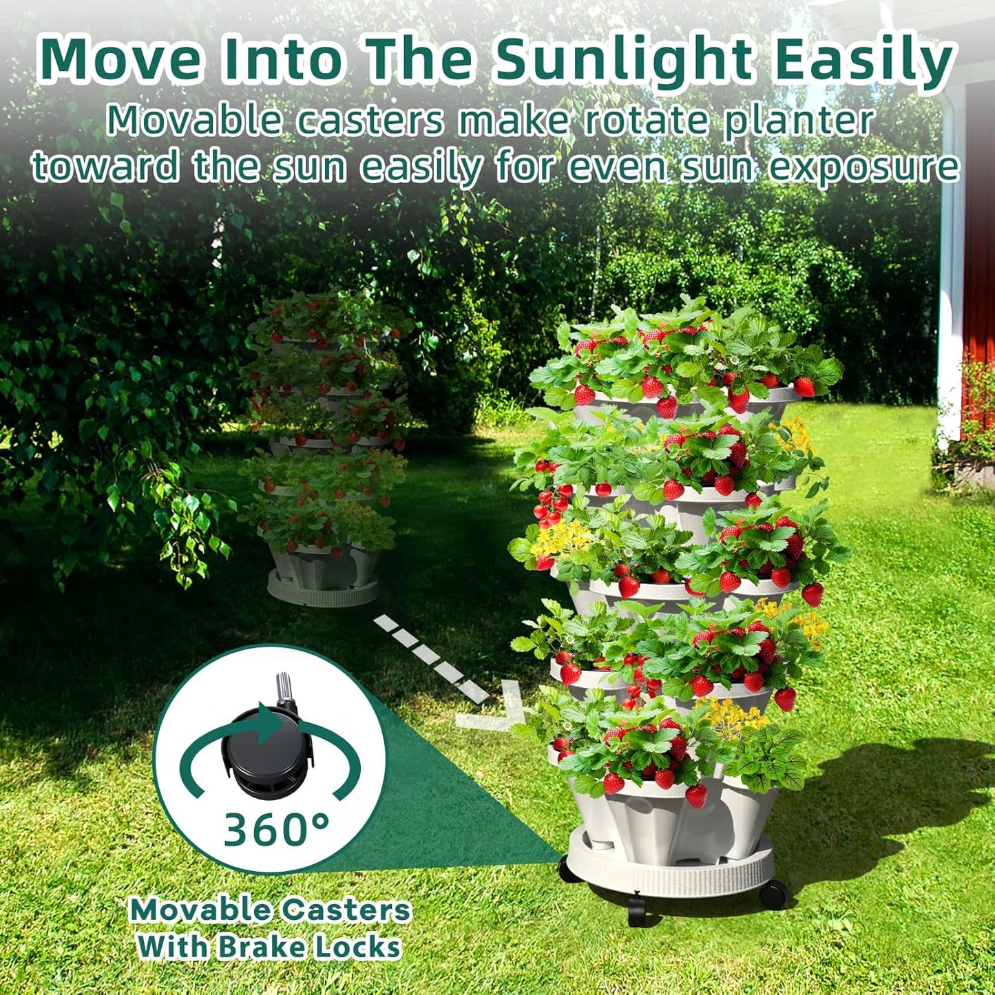 Strawberry Vertical Planters, 7 Tiered Stacking Tower Garden with Support Pole, Stackable Herb Vegetable Planters Indoor and Outdoor - White