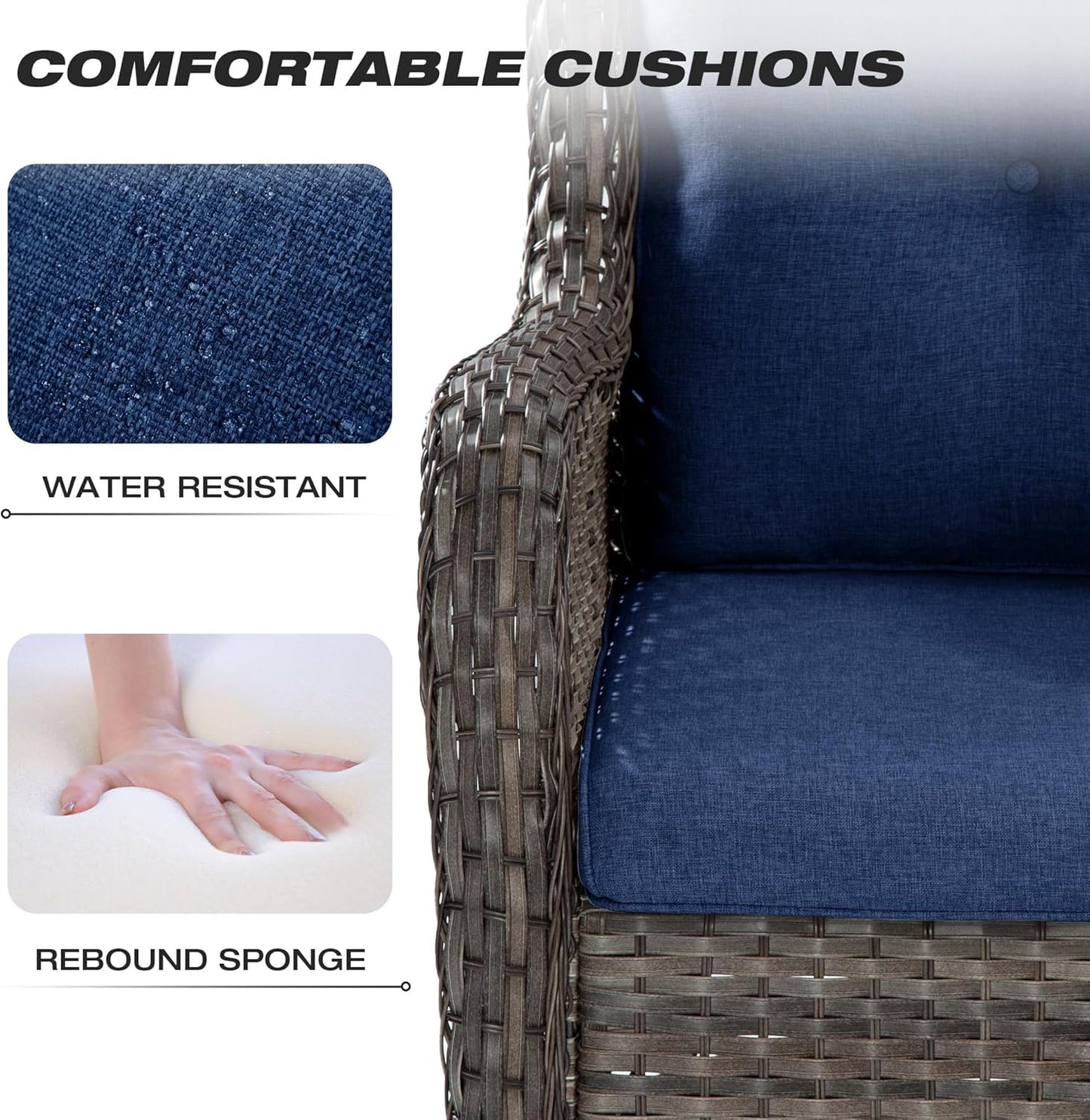 Joyside Outdoor Swivel Rocker Patio Chairs Set of 2 and Matching Side Table - 3 Piece Wicker Patio Bistro Set with Premium & Soft Fabric Cushions(Mixed Grey/Blue)