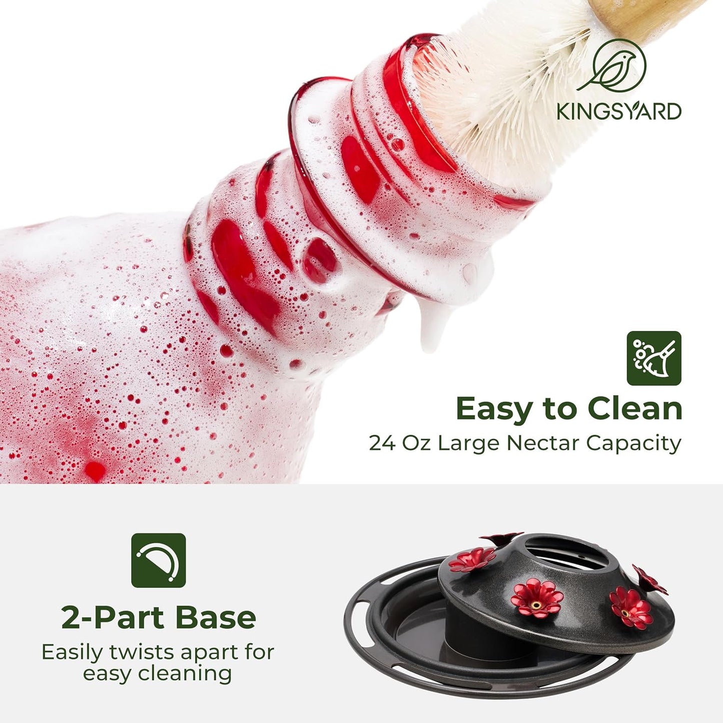 Kingsyard Glass Hummingbird Feeder - 6 Bee Guard Feeding Ports & Ant Moat, 24 oz Leak Proof, Wild Bird Feeder for Outdoors Hanging, Easy to Clean & Refill, Garden Yard Décor, Red & Blue