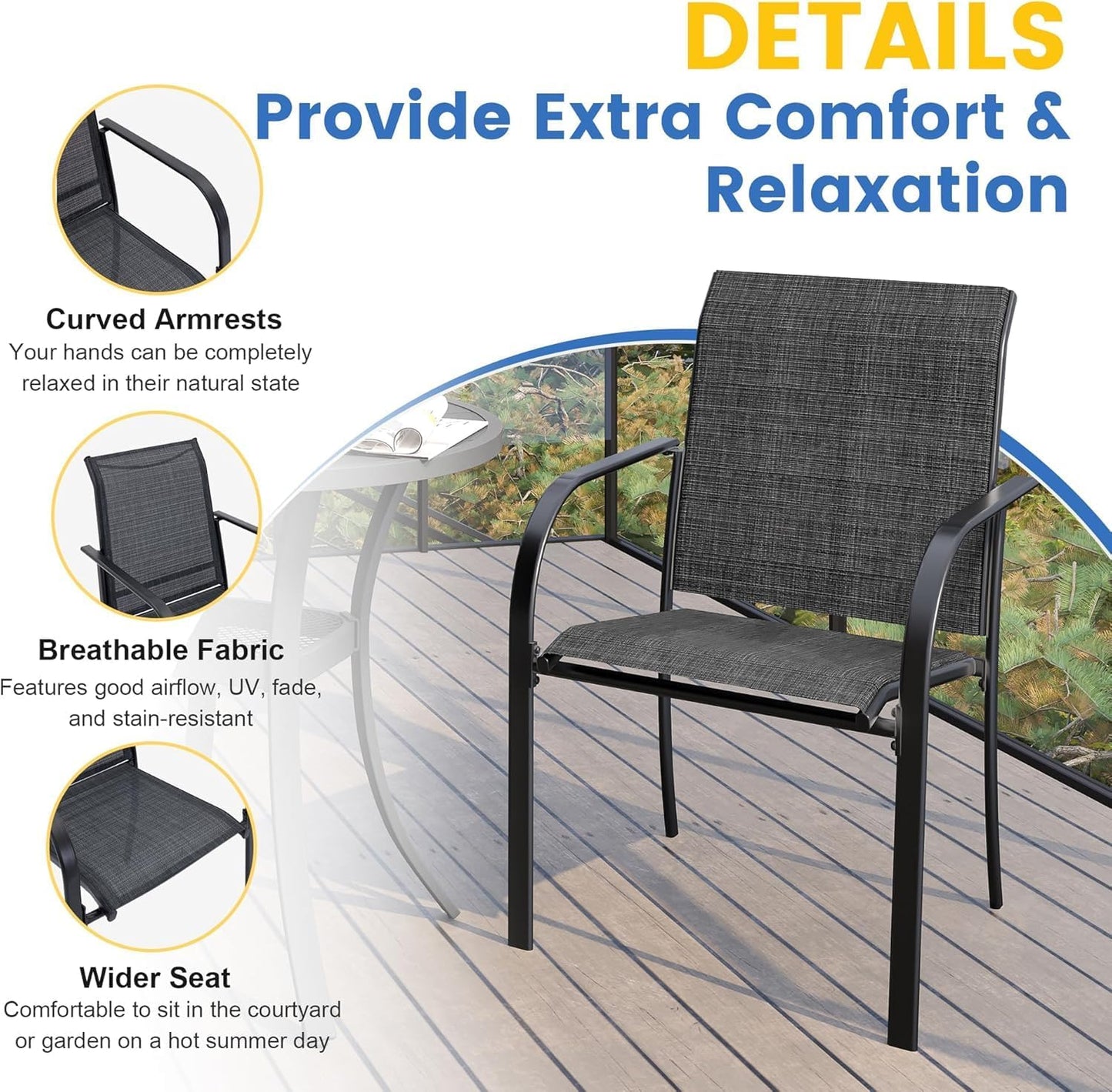 VICLLAX 5 Pieces Patio Dining Set for 4, Outdoor Furniture Set Includes 40.7" Round Patio Table and 4 Patio Stackable Chairs, Black Tabletop and Grey Fabric