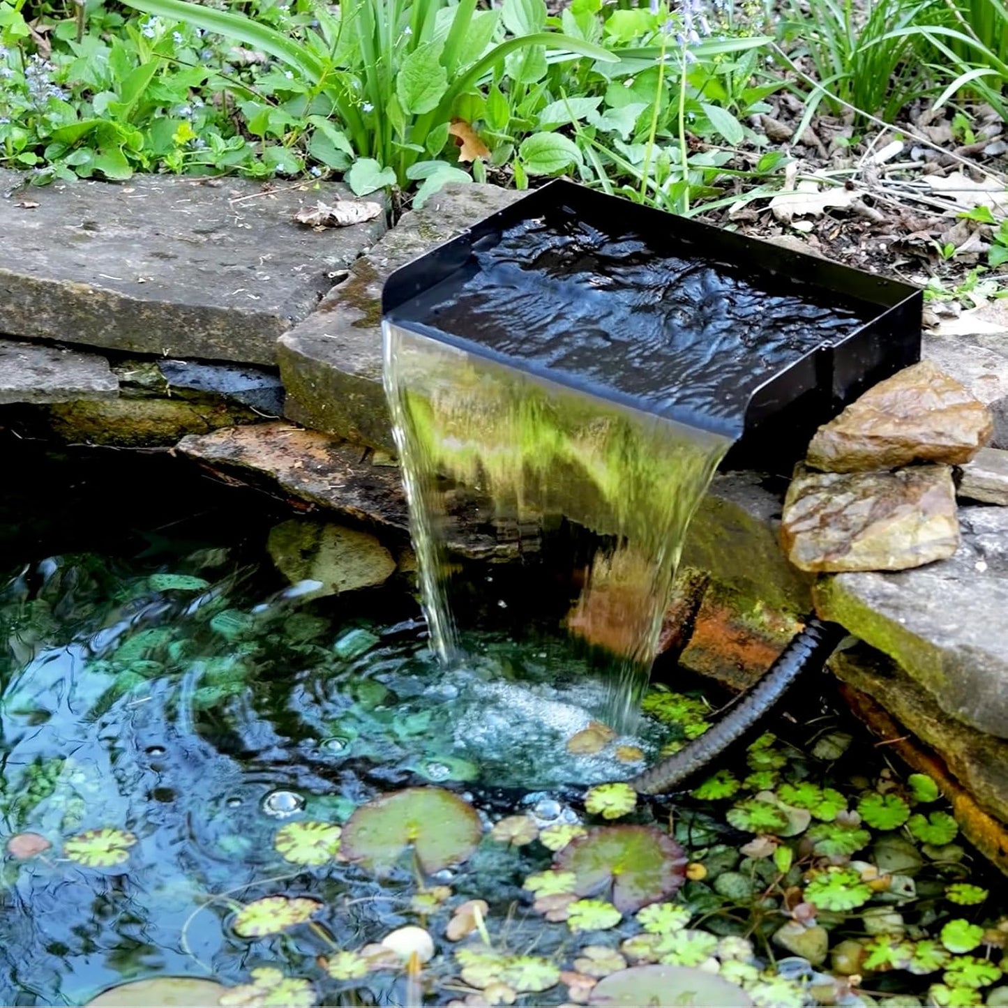POPOSOAP Pond Waterfall Spillway with Pump Kit, 304 Stainless Steel Pond Waterfall, Pond Spillway with 9.8FT Corrugated Tubing for Garden,Water Features (8“)-P42