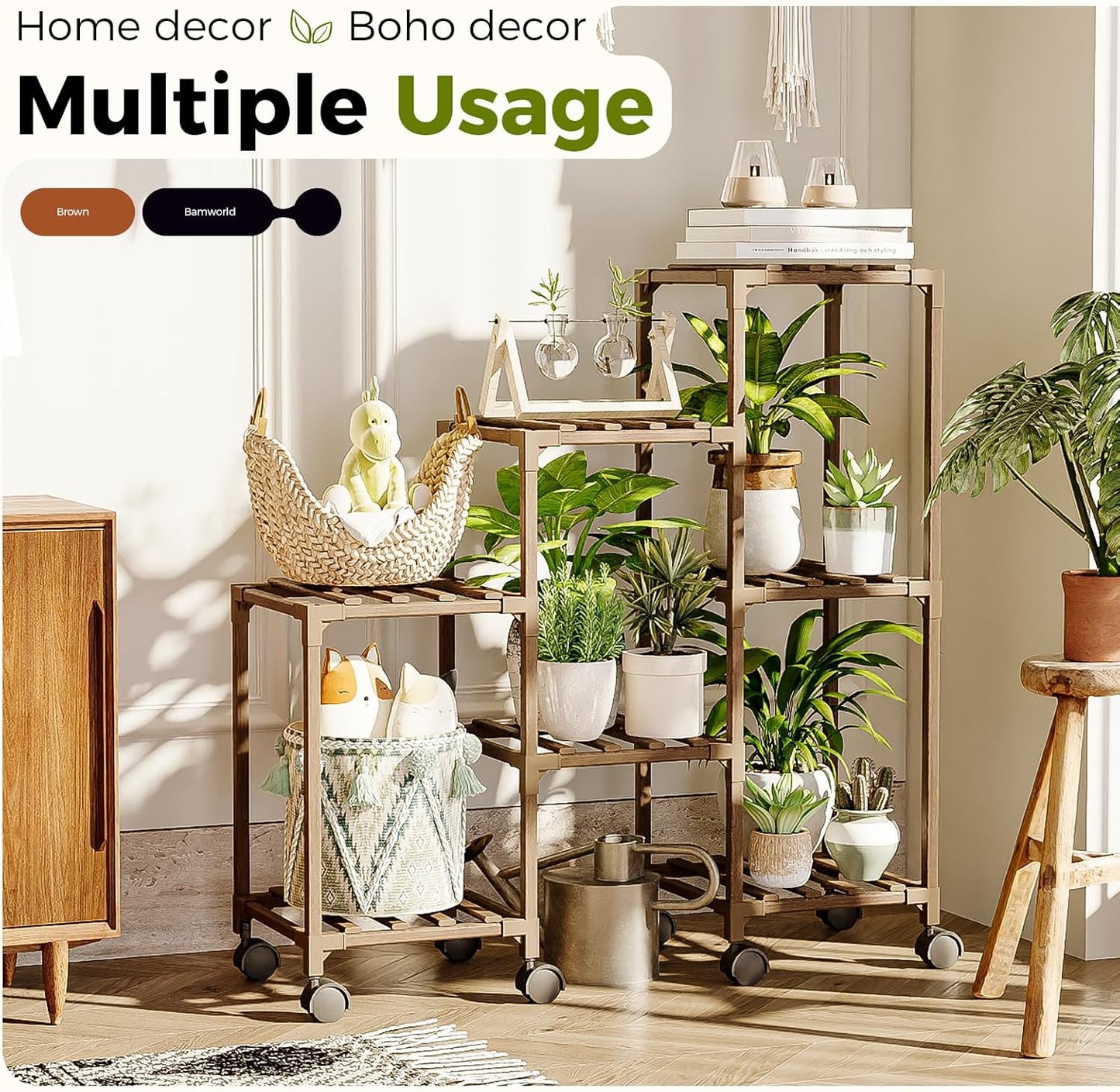 Bamworld Plant Stand with Wheels for Indoor Plants Wood Outdoor Tiered Shelf 3 Tire 7 Potted Ladder Plant Holder Table Pot Stand for Window Garden Balcony Patio Living Room (natureDL)