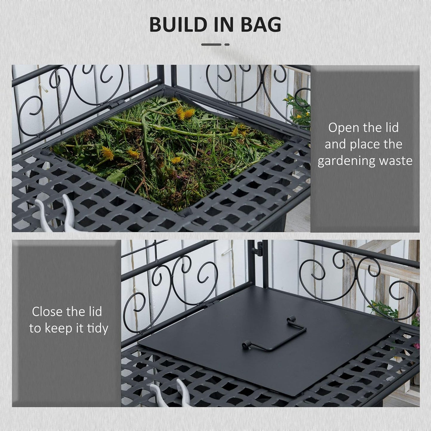Outsunny Folding Potting Bench Table, Metal Garden Workstation, Work Bench with Large Build-in Bag with Cover, 5 Hanging Hooks & Storage Shelf, Flourishes