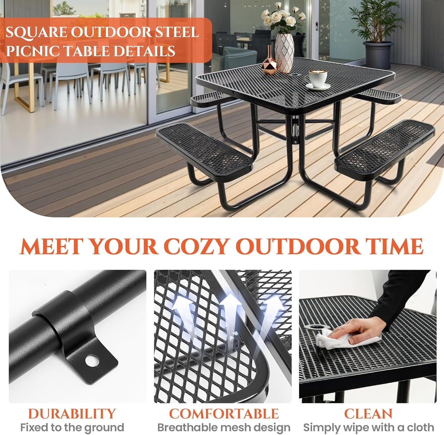 Heavy-Duty Park Bench or Table for Outside - Black Coated Outdoor Furniture Steel Bench, Commercial-Grade Outdoor Benches Weatherproof for Park, Patio, Porch (Black, 46” (Sq. Table))