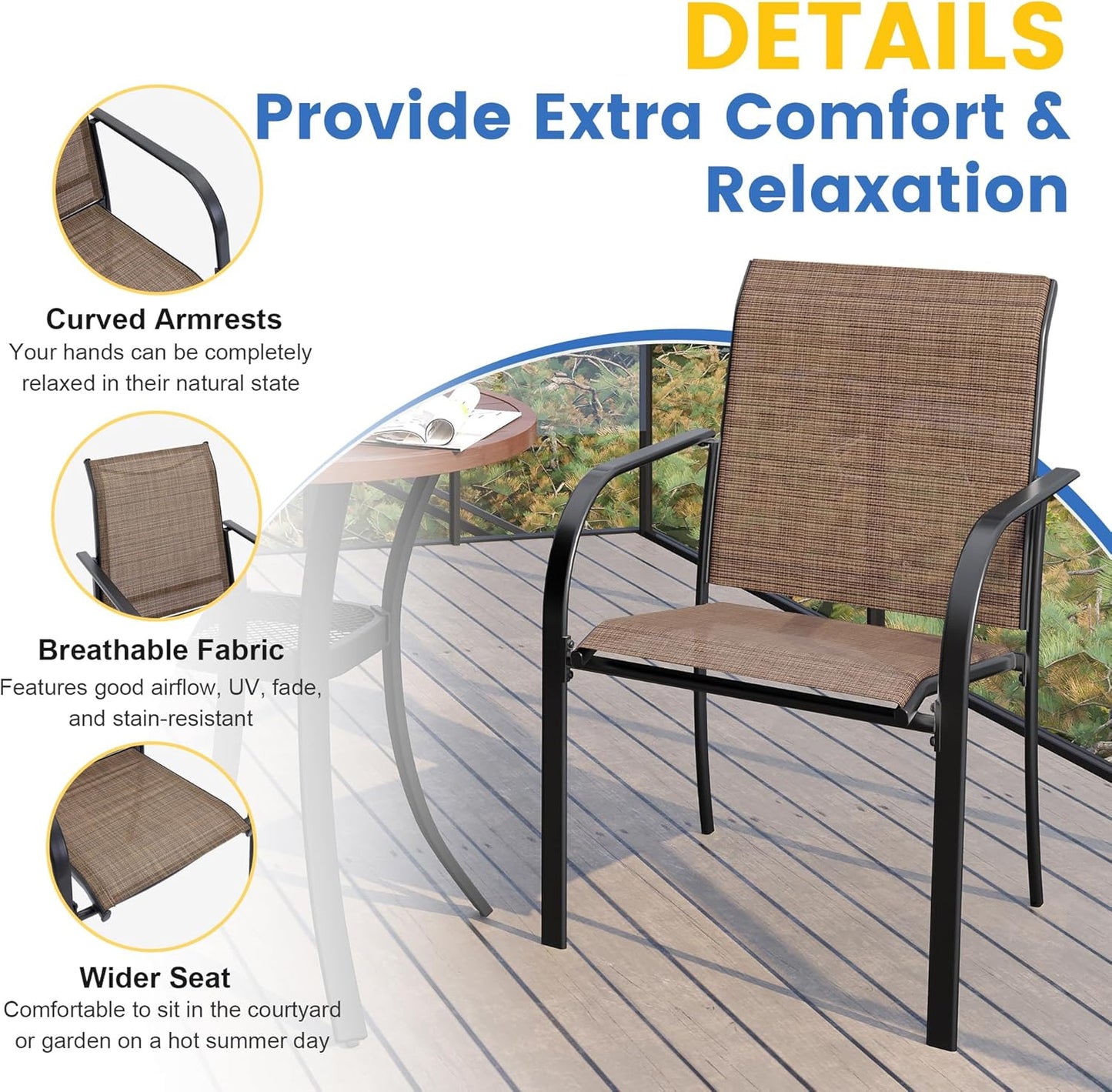 VICLLAX Patio Dining Set for 6, Outdoor Furniture Set Includes 63" Rectangle Patio Table and 6 Patio Sling Chairs, Outdoor Table and Chairs for Outsides, Walnut Tabletop and Brown Fabric