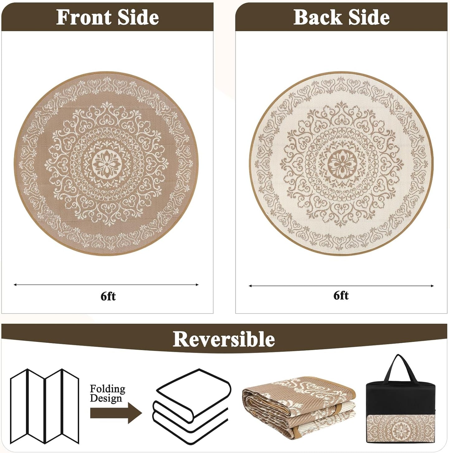 Pauwer Waterproof Outdoor Rug 6ft, Reversible Plastic Straw Patio Camping Rug, Indoor Outdoor RV Mat Carpet for Deck, Camper, Porch, Balcony, Backyard, Picnic, Floral Brown