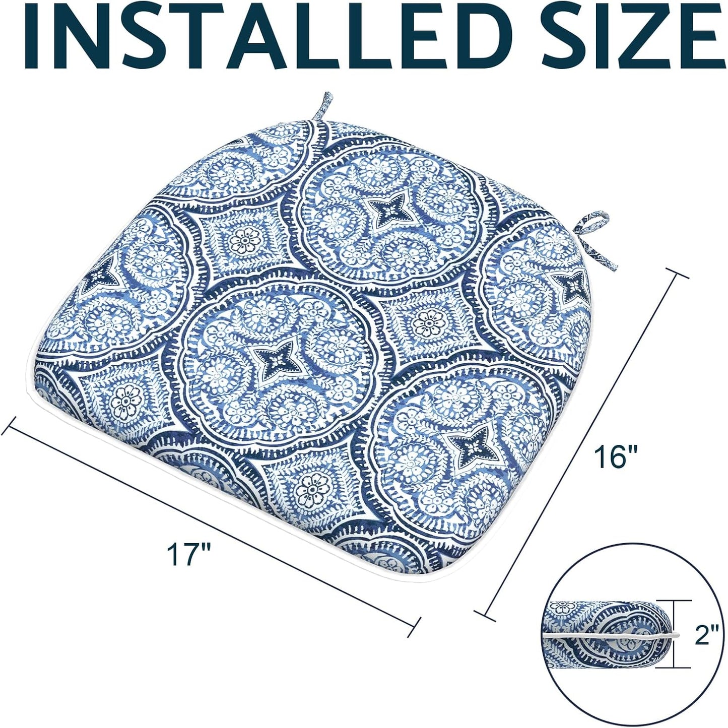 Indoor/Outdoor Chair Cushions 16x17 Inch, Patio Chair Cushions with Ties, All Weather Seat Cushions for Patio Furniture Home Garden Chair Use, Set of 2,Medallion Blue