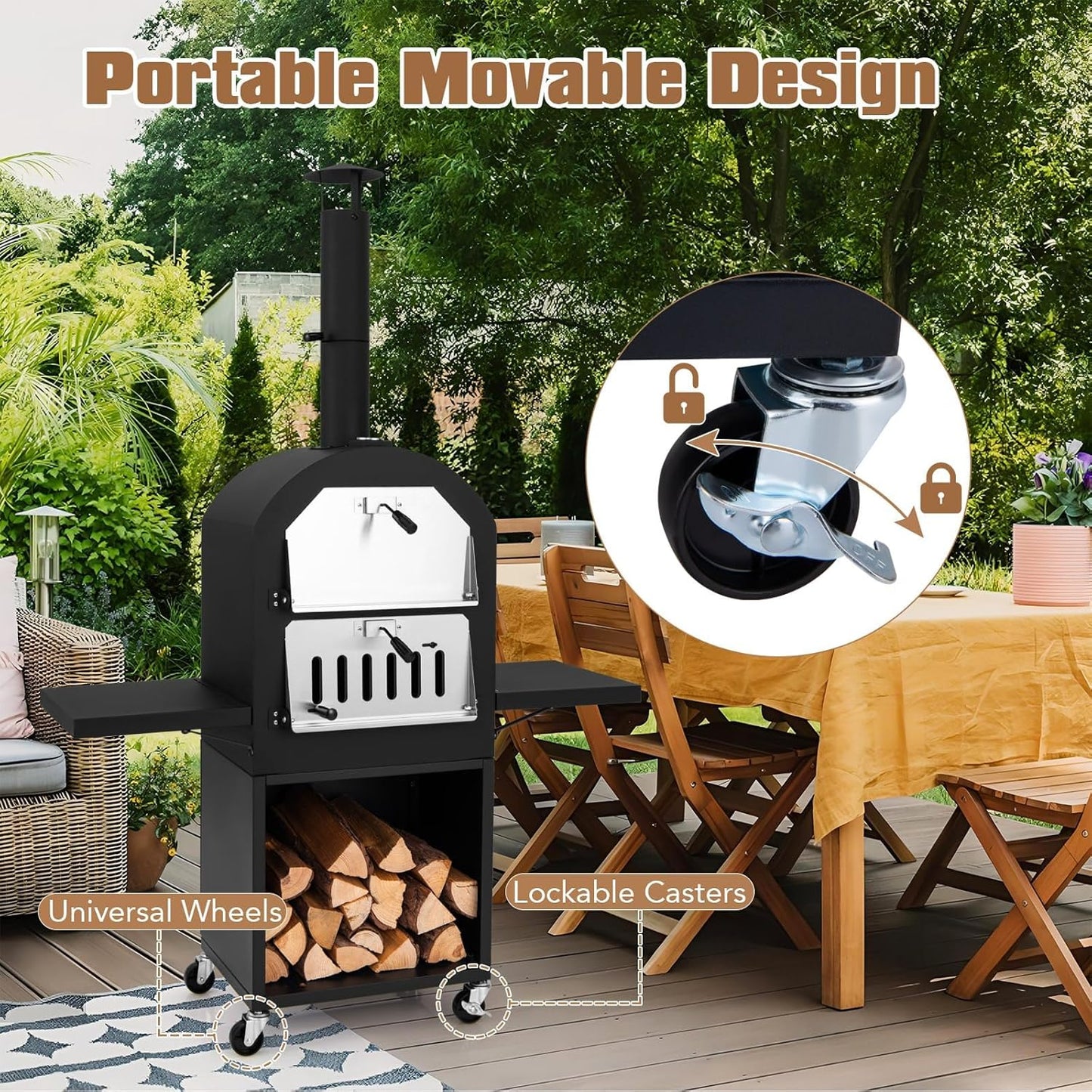 HAPPYGRILL Outdoor Wood Fired Pizza Oven w/Firewood Storage, Side Shelves, Patio Pizza Maker wi/Pizza Stone & Peel, 2 Cooking Grills & Thermometer, Portable Pizza Stove for Backyard Party Camping