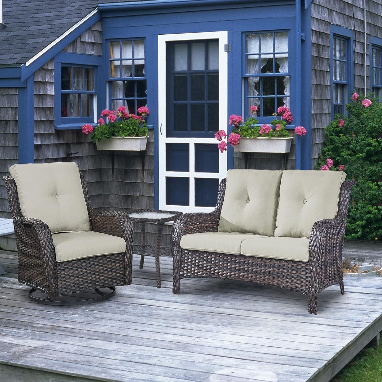 Outdoor Loveseat Small Patio Furniture 2 Seater Sofa Brown Wicker Couch Rattan Settee for Single-Family House