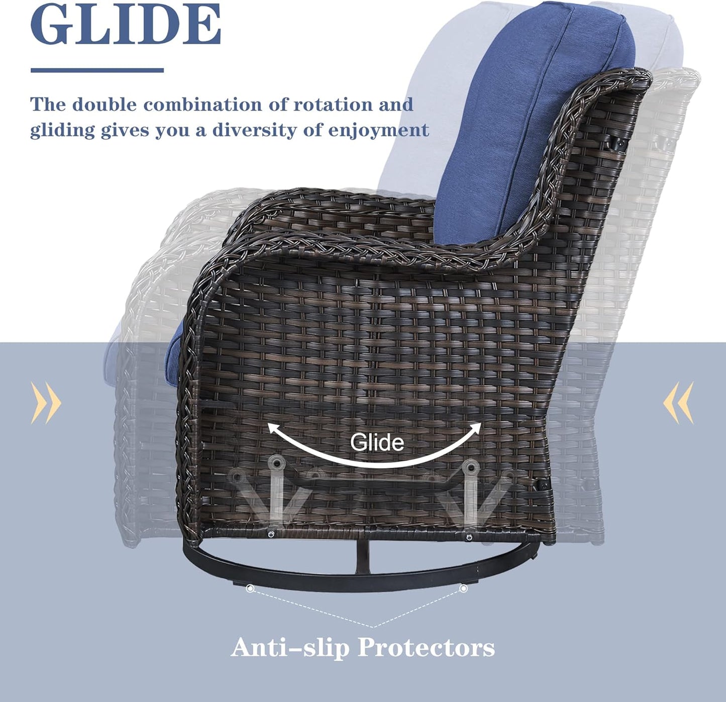 Outdoor Patio Furniture Set with 50000BTU Propane Fire Pit Table, 7 Pieces Wicker Patio Conversation Set with 2 Swivel Glider Rocker Chairs Rattan Sofa Blue Cushion Perfect for Casual Gathering