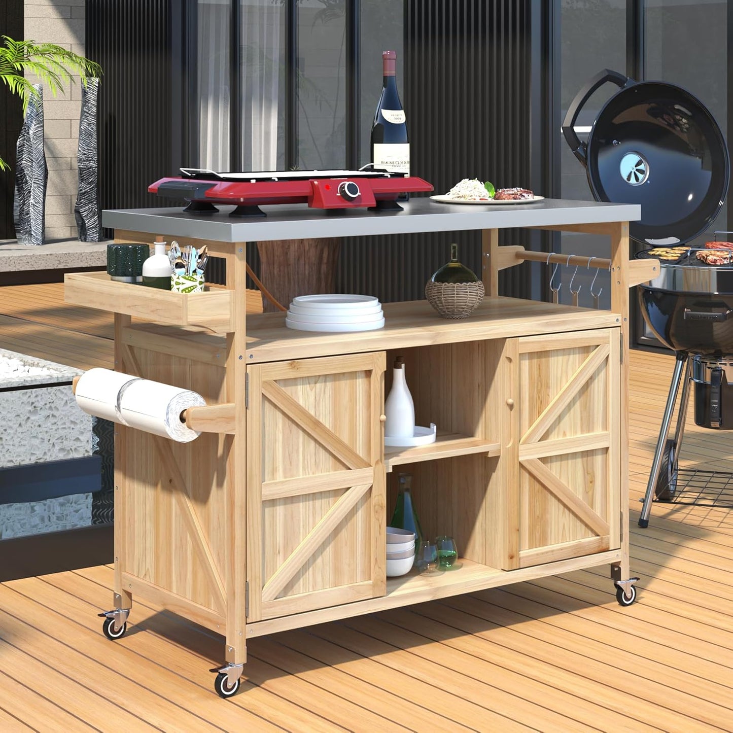 Grill Cart with Stainless Steel Tabletop - Outdoor Storage Cabinet for BBQ, Bar Patio Kitchen Island with Ample Storage and Lockable Wheels