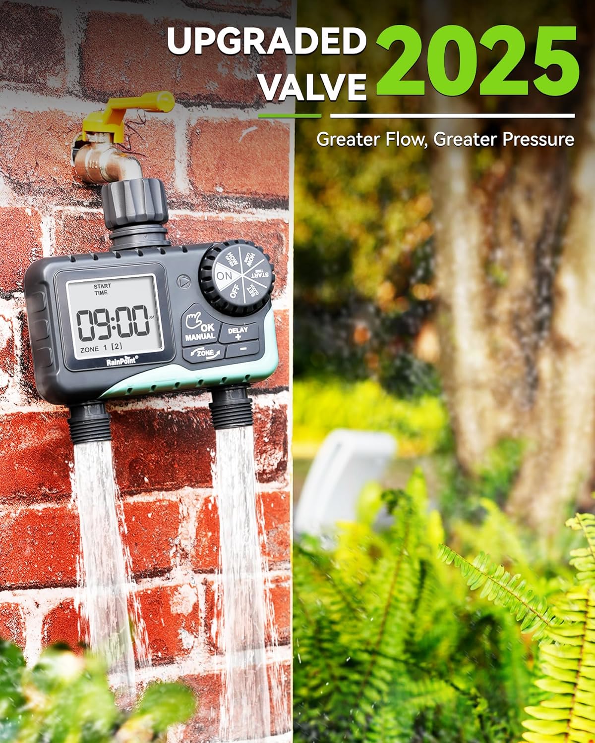 RAINPOINT Water Timer for Garden Hose - 2 Zone Sprinkler Timer with Rain Delay/Manual Watering/Automatic Irrigation for Yard Lawn