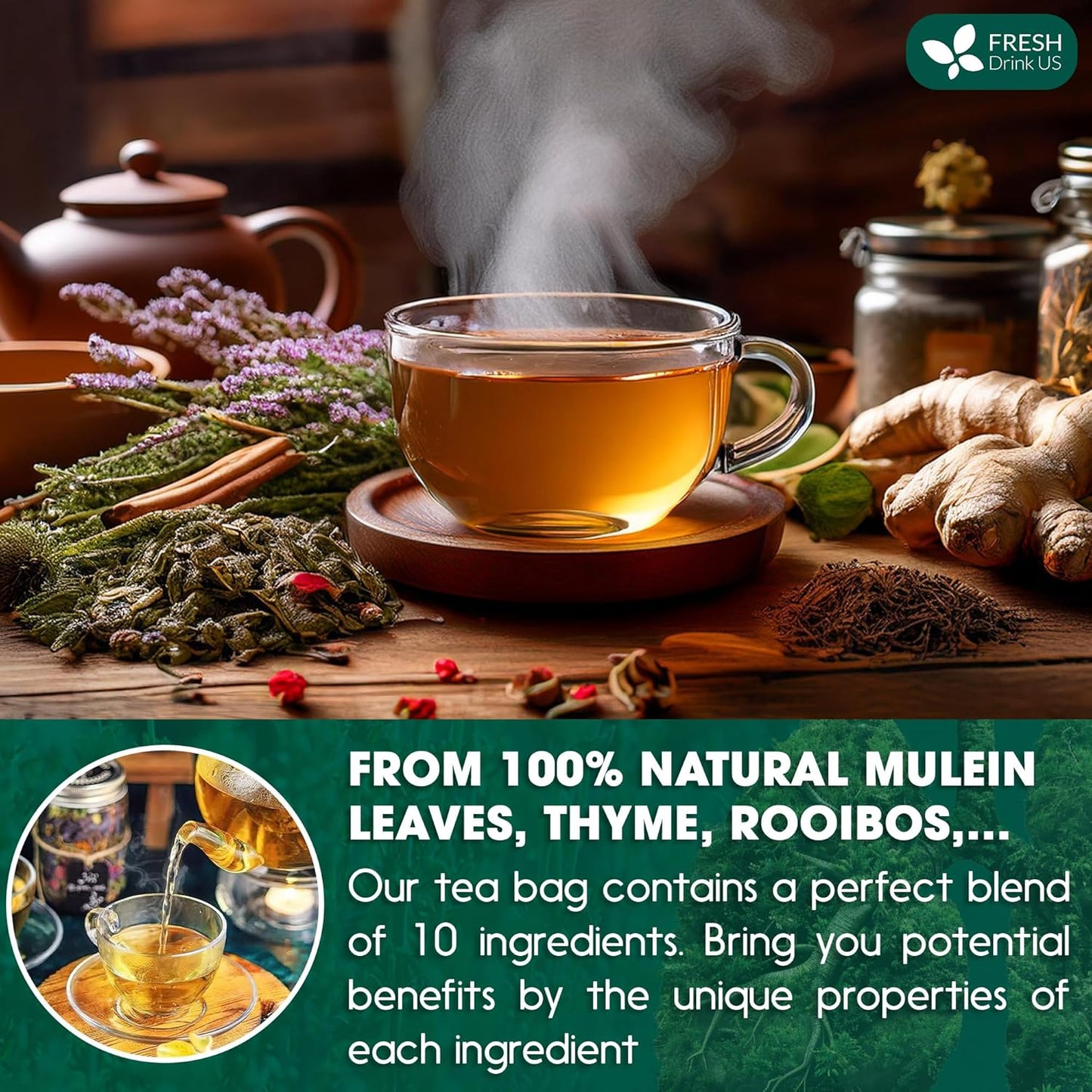 FreshDrinkUS StrongerLungs 20 Tea Bags - Mullein Leaf, Ginseng, Elderberry, Ginger & Thyme - Supports Lung Cleanse, Congestion Relief & Mucus Detox - Caffeine-Free & All-Natural