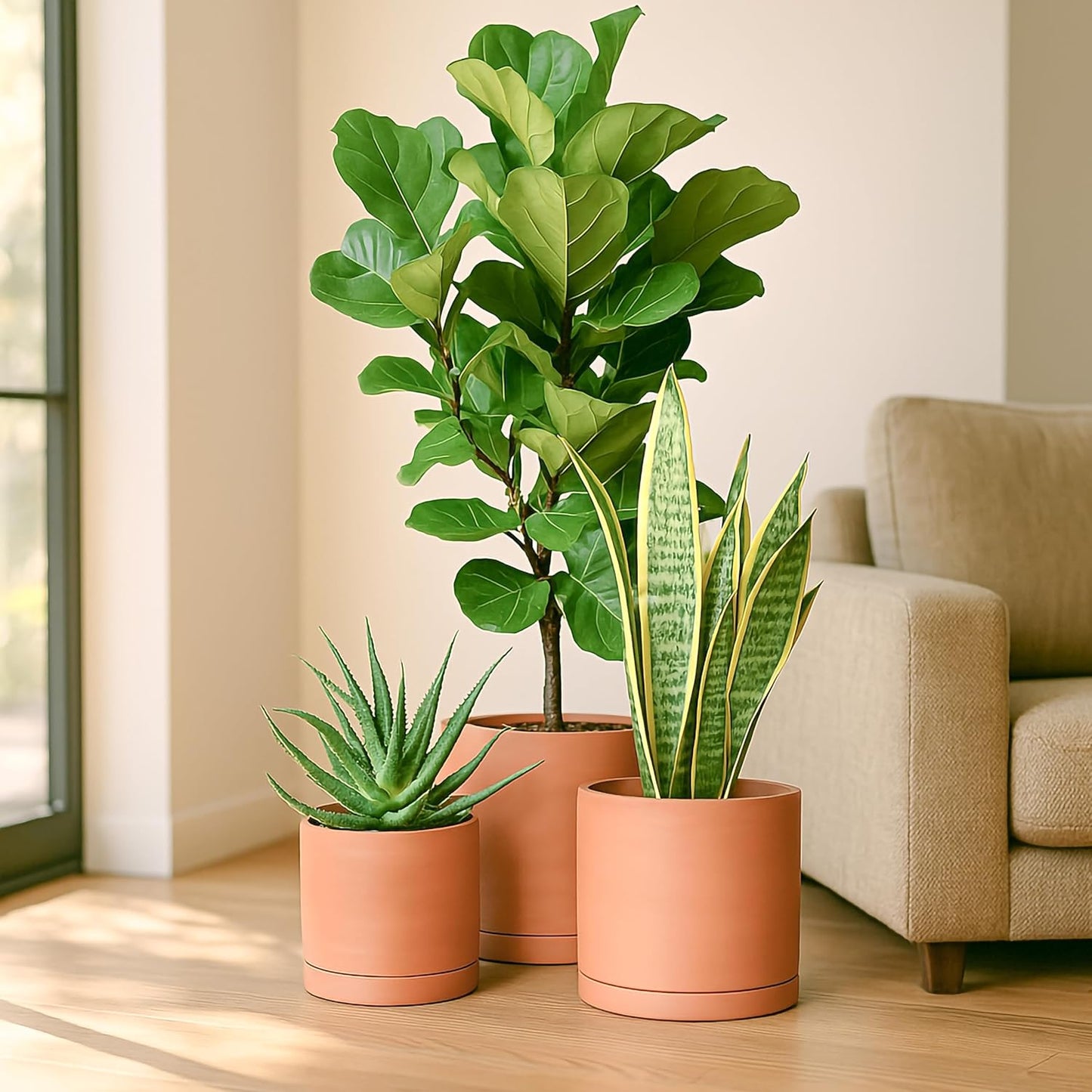 D'vine Dev Terracotta Pots for Plants, 8.3 Inch 10 Inch 12 Inch, Round Cylinder Planter Pot with Drainage and Saucer, 40-T-D-0