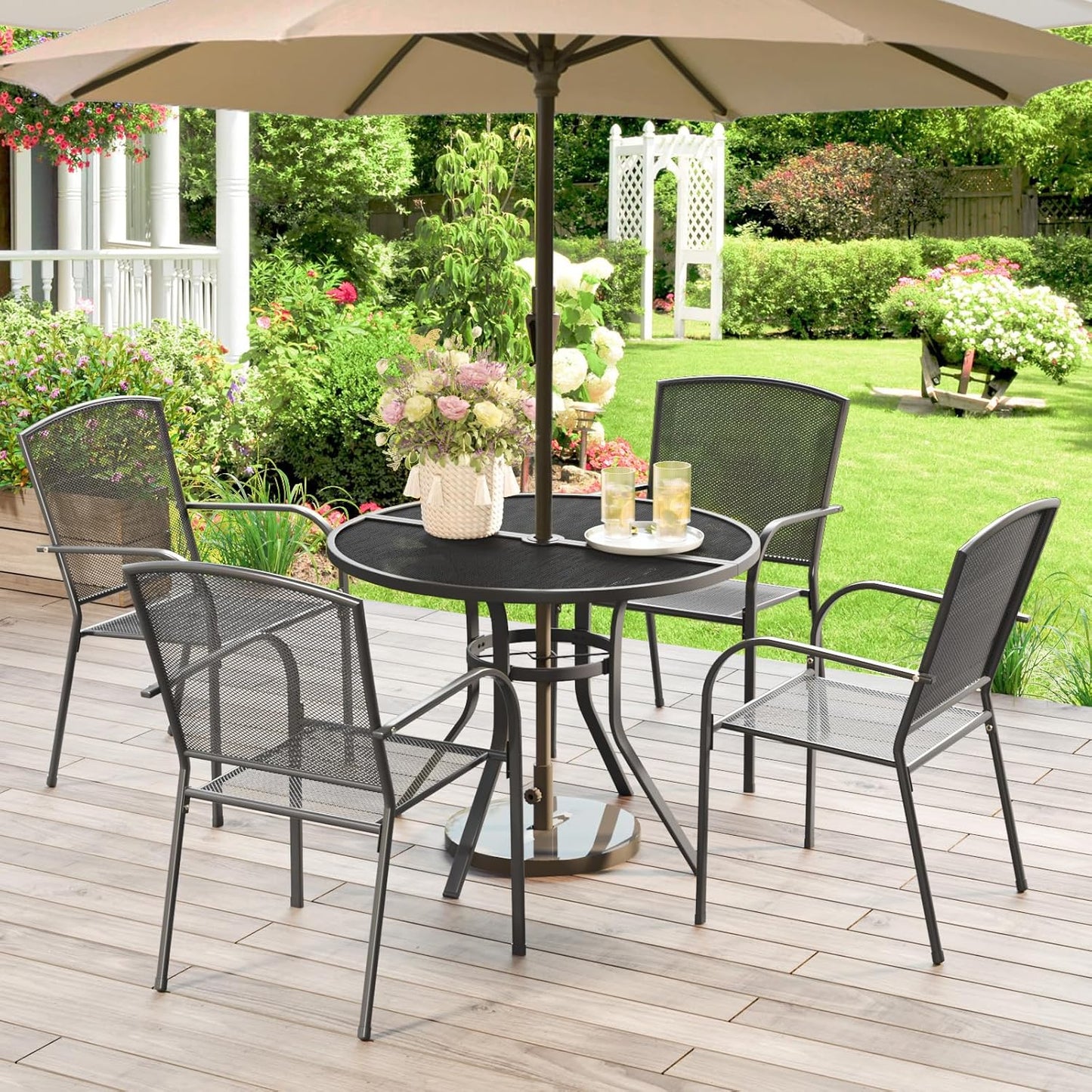 AECOJOY Outdoor Patio Dinning Table for 4, 37" Round Metal Patio Tables with 1.7" Umbrella Hole, Weather-Resistant Outside Table for Lawn Backyard Garden Porch Bistro Poolside Deck Dark Grey