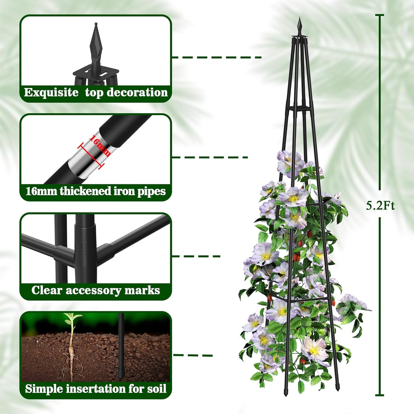5.2FT Obelisk Trellis for Climbing Plants Outdoor, 16mm Rust-Proof Extra Thickened Plastic-Coated Metal Pipes, Indoor Climbing Support for Potted Plants, Vines, Flowers Stands,Black