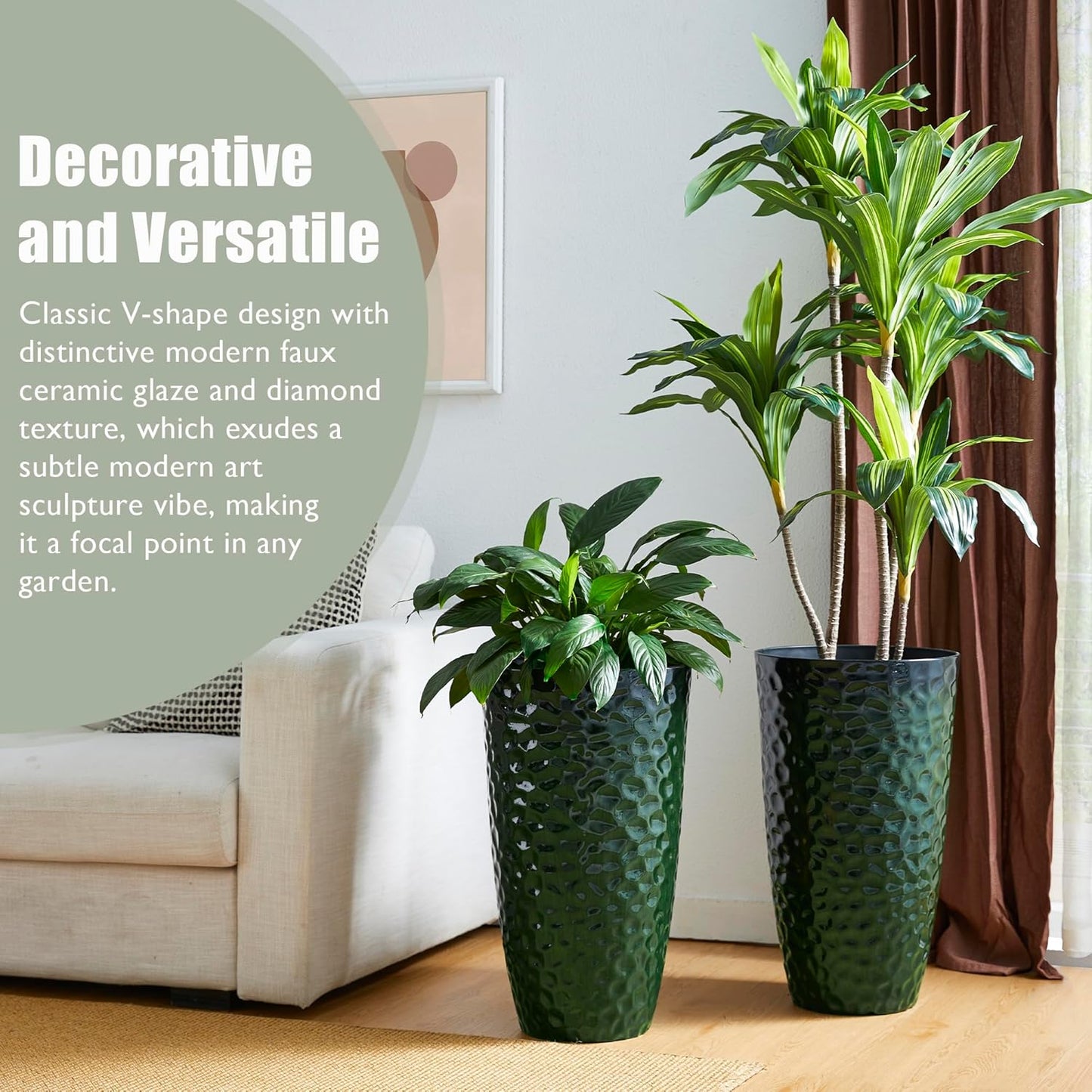 Glitzhome 23.75" H Oversized Tall Planter, Large Planters for Outdoor Plants, Set of 2 Honeycomb Textured Gradient Green Tall Planters with Drainage Holes, Modern Flower Pots for Porch Indoor Garden