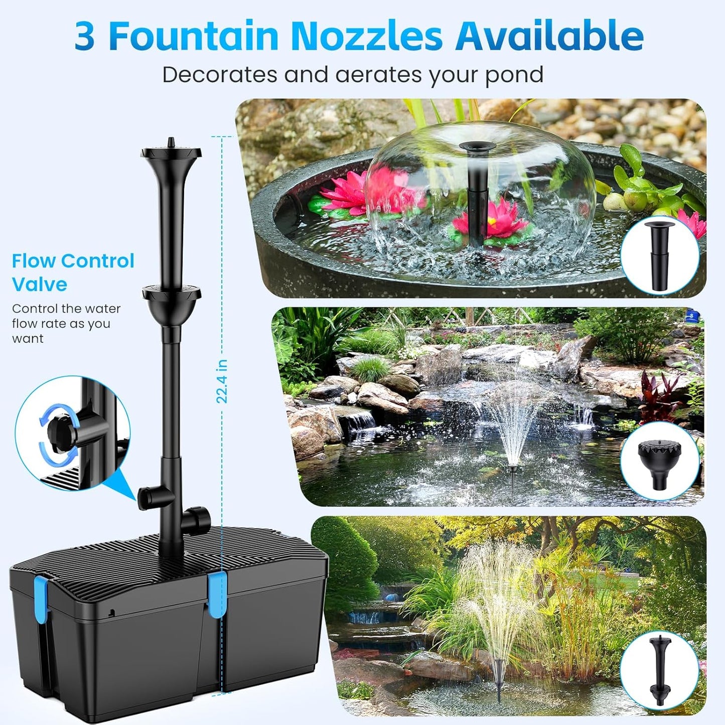 Pond Filters for Outdoor Ponds, 820 GPH Pond Filter with Fountain Pump Kits, 60W Pond Pump and Filter Kit for Koi Pond Clean, Garden Fountains, Waterfall