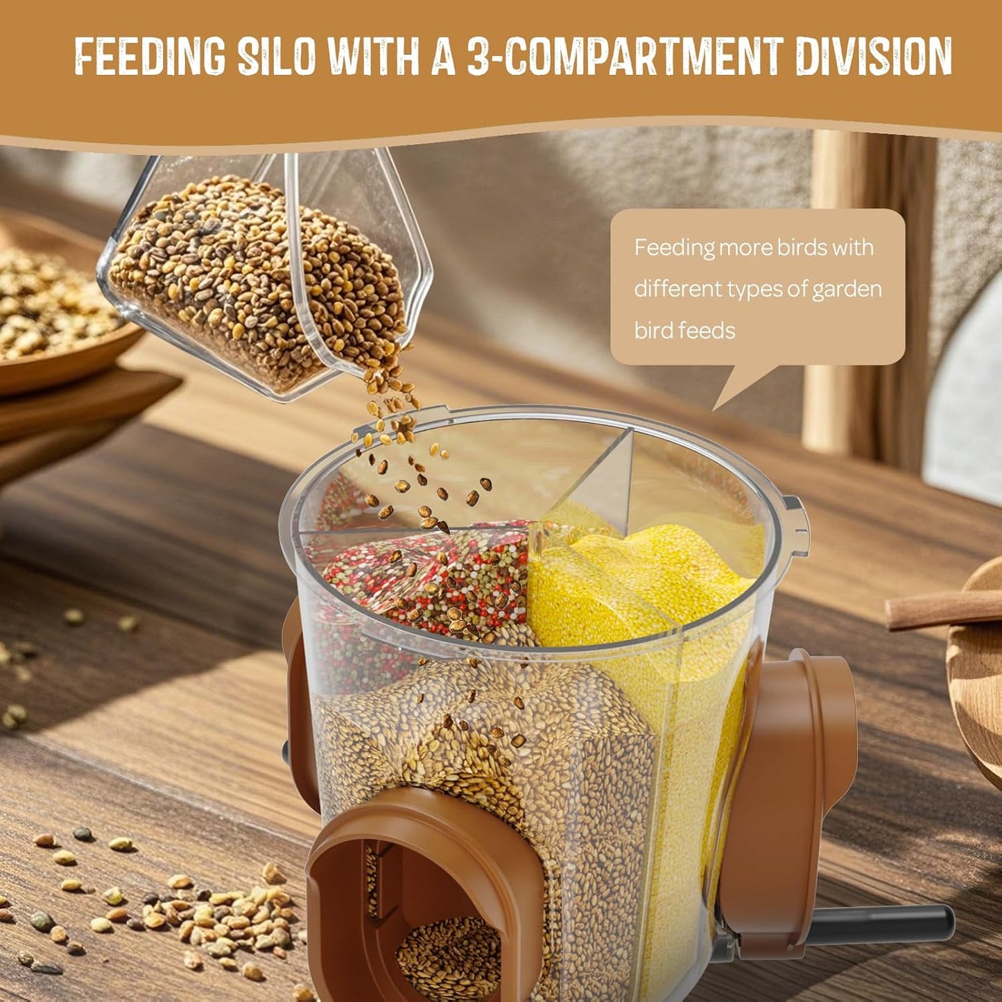 LONA Bird Feeders for Outdoors Hanging – 3 Separate Compartments, 3 Feeding Ports, Weatherproof Dome & 3 Ways to Hang, Large Capacity for Cardinals/Finches (Brown