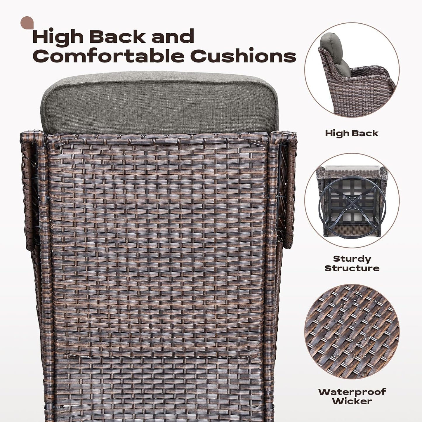 Wicker Outdoor Patio Furniture Set - 5 Piece Patio Conversation Sets with Swivel Rocker Chairs, Ottomans and Side Table, 6 inch Cushions, Waterproof Wicker, for Porch Deck Brown/Grey