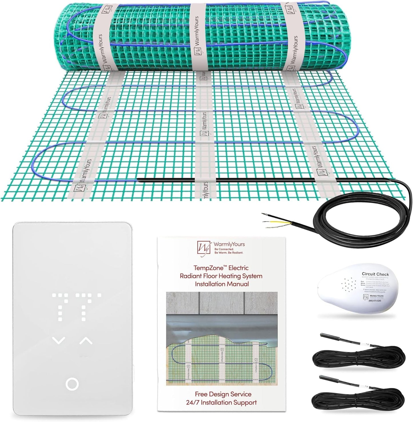 129 Sqft Heated Floor Mat Kit with Radiant Floor Heating System Thermostat UTN5, Two Sensors, Tester, 240V Electric Radiant Floor Heating Mat installs under Bathroom Tile, Vinyl - WarmlyYours TempZone
