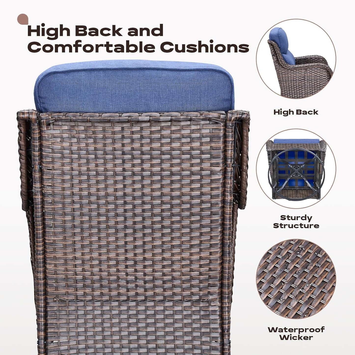 6 Piece Outdoor Patio Swivel Rocker Chairs, Waterproof Wicker, High Back, Deep Seating, Wide Armrest, Upgraded 6 inch Thick Cushions, Side Table, Ideal for Deck Porch Yard, Brown/Blue
