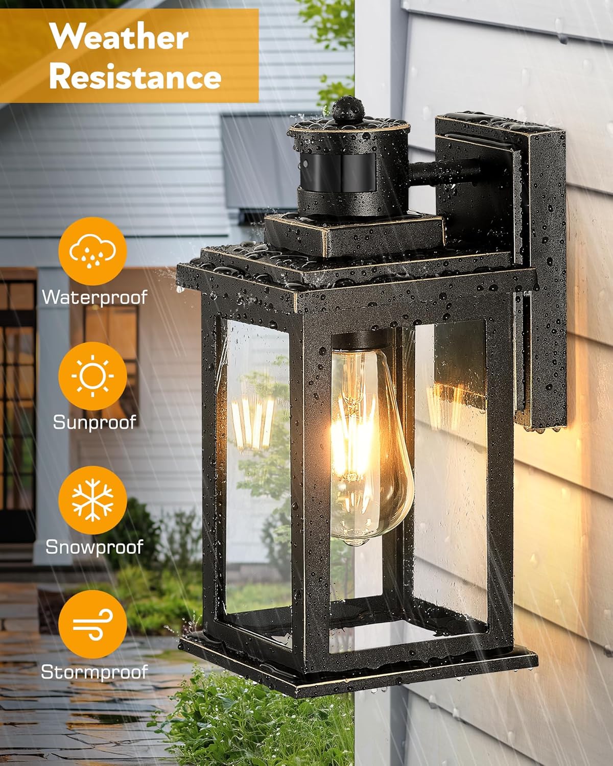 VIANIS Motion Sensor Porch Light, Black Outdoor House Lights Dusk to Dawn, Waterproof Outdoor Light Fixtures Lantern for Garage, Porch, House, Patio, Doorway,Weather Resistant,Hardwired, Non-Solar