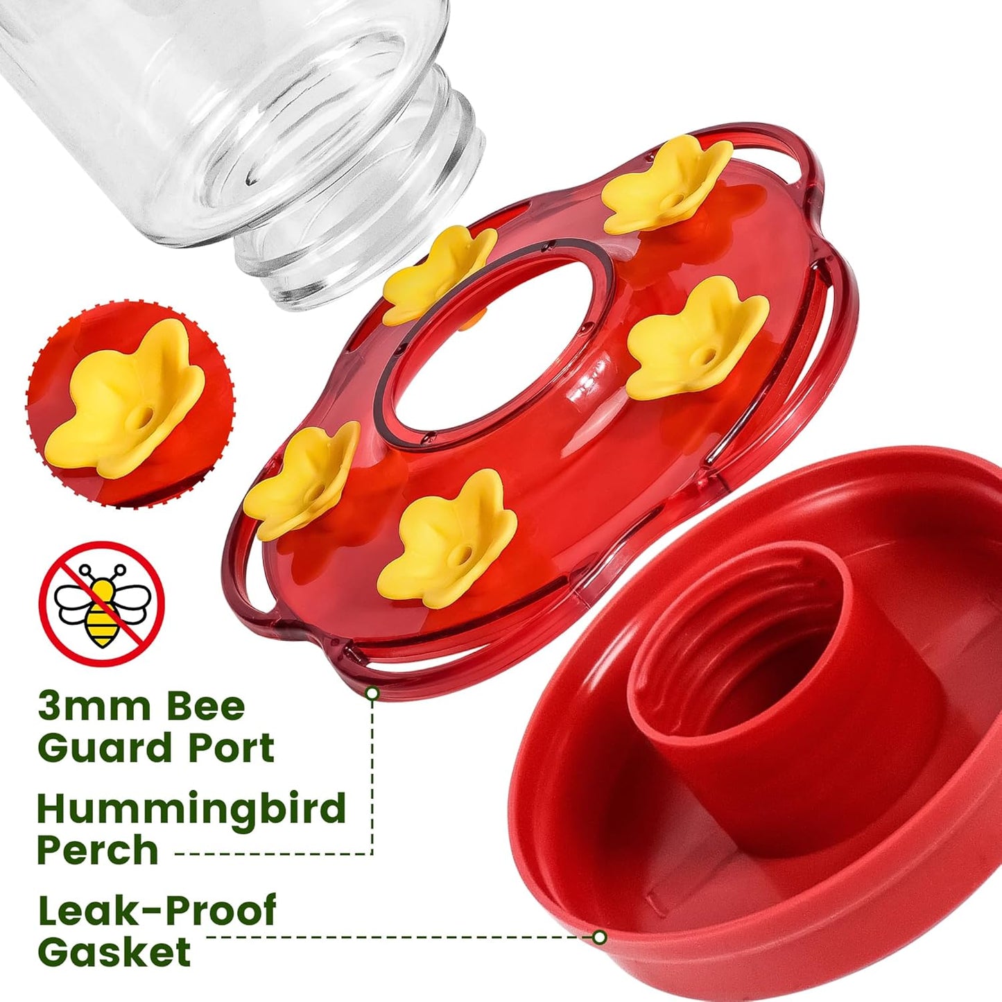 Glass Hummingbird Feeders for Outdoors Hanging Ant and Bee Proof, 2 Pack 15 Ounces Red Hummingbird Feeder with 5 Feeding Ports and Perches, Built-in Ant Moat, Outside Garden Décor (Glass, 2)