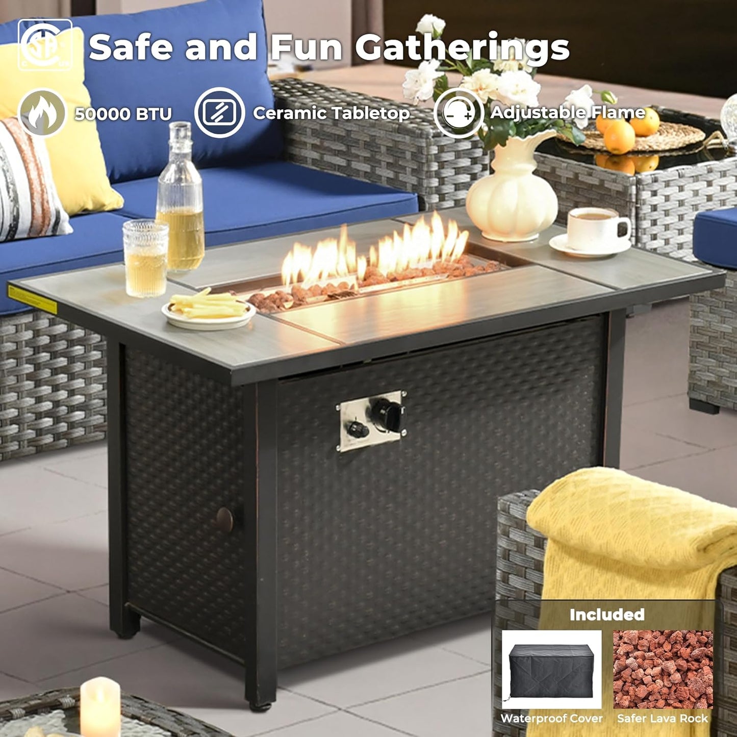 ovios 9 Pieces Patio Furniture Set, Outdoor Wicker Sectional Sofa with 42" Firepit Table Swivel Chair, Modern Modular Deep Seat Rattan Couch Conversation Sets, Navy Blue