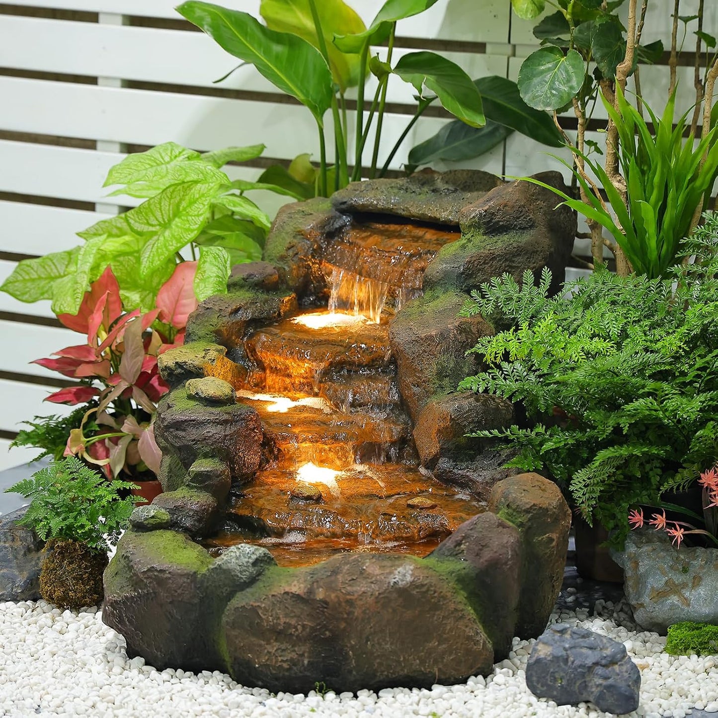 Garden Outdoor Water Fountain, 42.1" L Floor Standing Tiered Rock Outdoor Fountains with LED Lights and Pump for Garden, Backyard, Deck, Patio, Porch and Home Art Decor