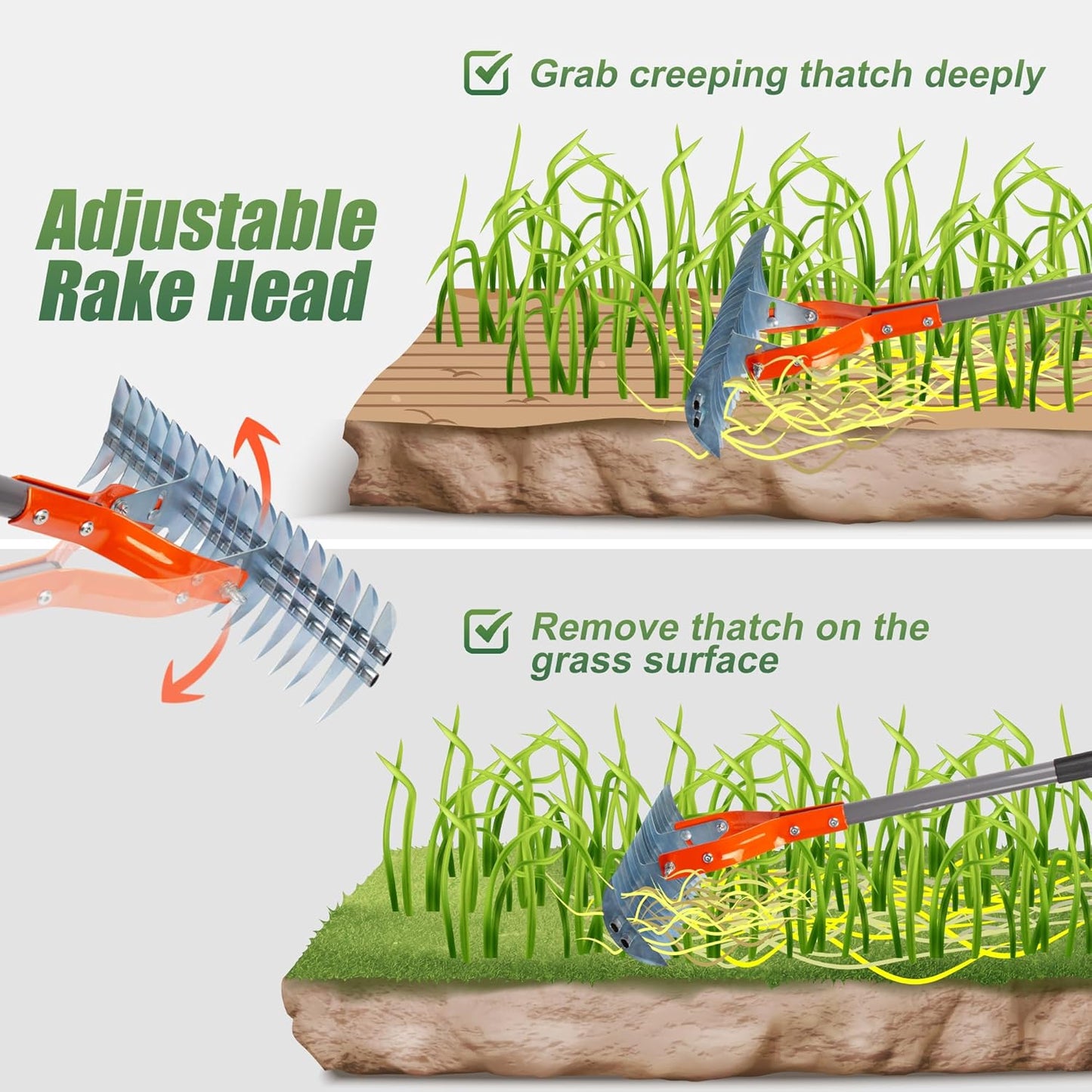 Walensee Thatch Rake, 15-Inch Lawn Thatching Rake, Robust Dethatcher Rake, Efficient Steel Metal Rake with Handle, Versatile Grass Grooming Rake for Cleaning Dead Grass, Yard Garden Durable Soil Rake