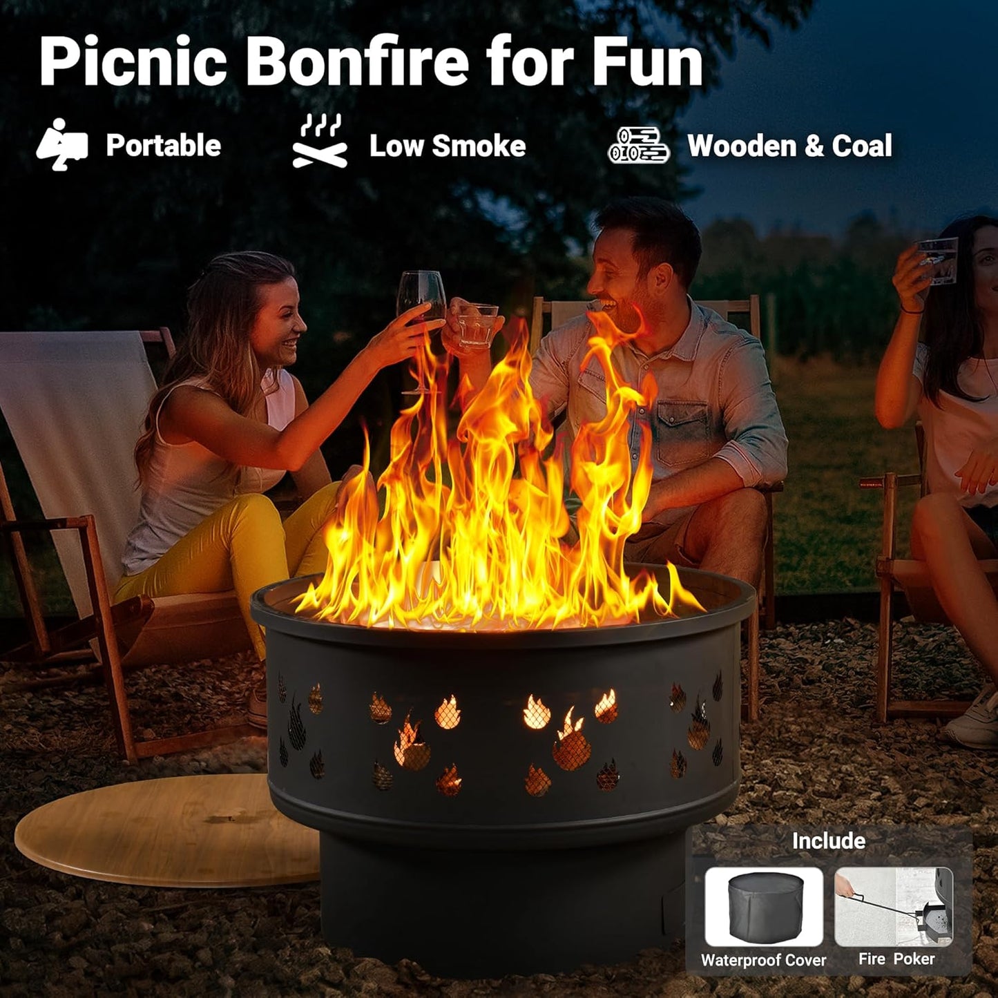 ovios 4 Pieces Patio Furniture Set with 25" Fire Pit, Outdoor Wicker Chairs of 4, All Weather High Back Rattan Chairs 4-Seater with Comfy Cushions, Denim Blue