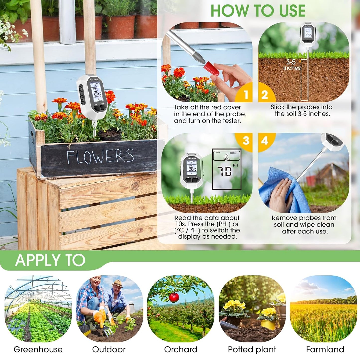 4-in-1 Soil Moisture Meter Digital Plant Temperature/Soil Moisture/PH Meter/Sunlight Intensity Backlight LCD Display Soil Test Meter for Gardening, Farming and Outdoor Plants