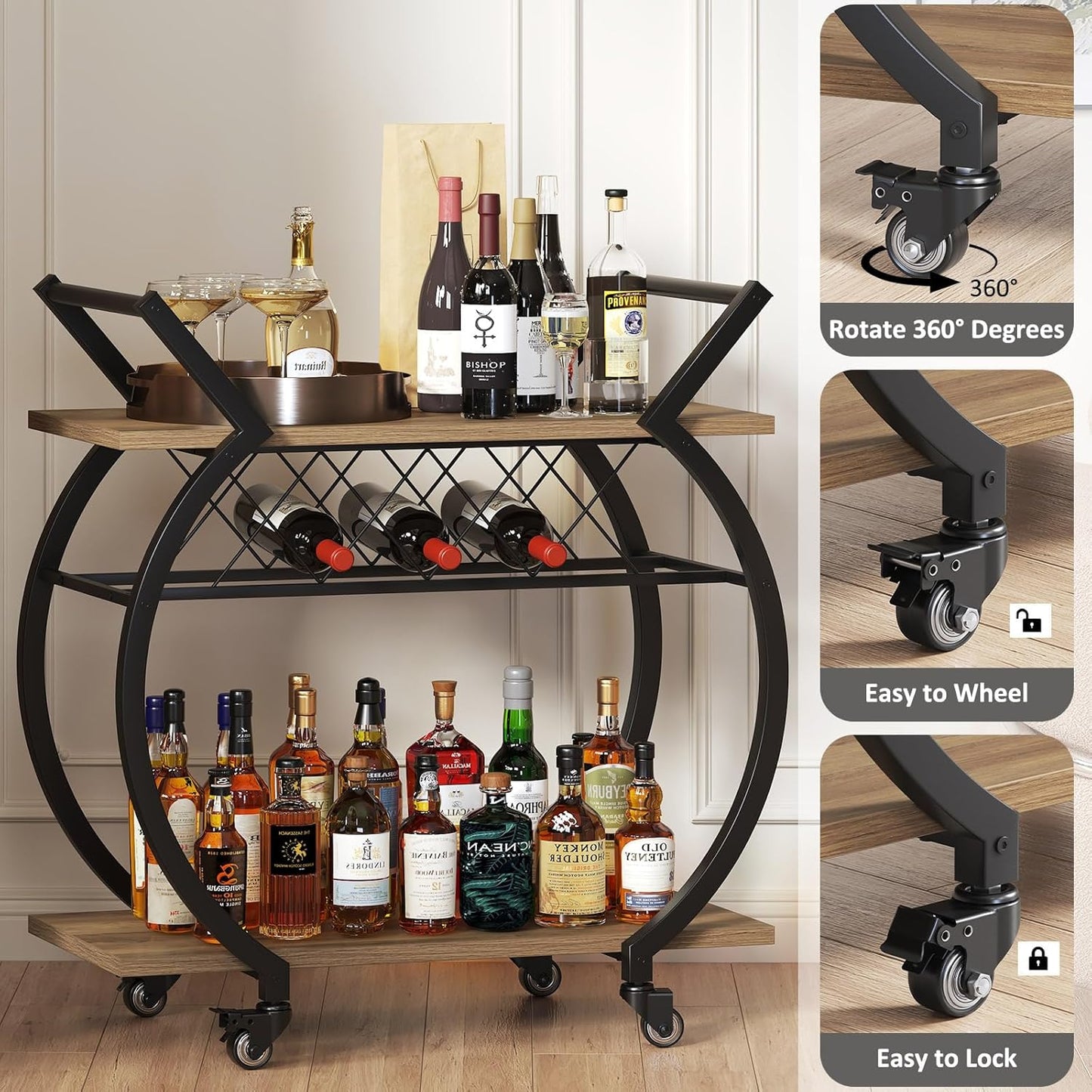 LVB Bar Cart with Wine Rack, 2 Tier Kitchen Cart on Wheels, Modern Wood and Metal Portable Coffee Cart Table for Home, Utility Industrial Mobile Serving Cart with Storage Shelf, Rustic Oak