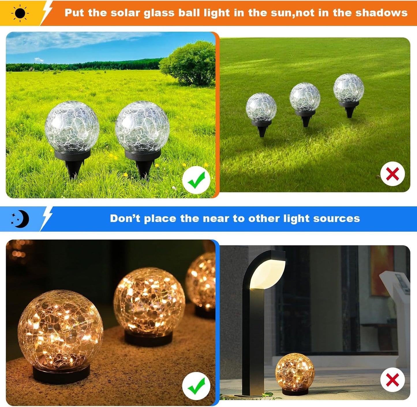 Solar Globe Lights Outdoor Waterproof-Solar Balls-Solar Garden Lights-Orbs for Outside 2 Pack Cracked Glass Ball for Lawn Patio Yard Backyard Decorations