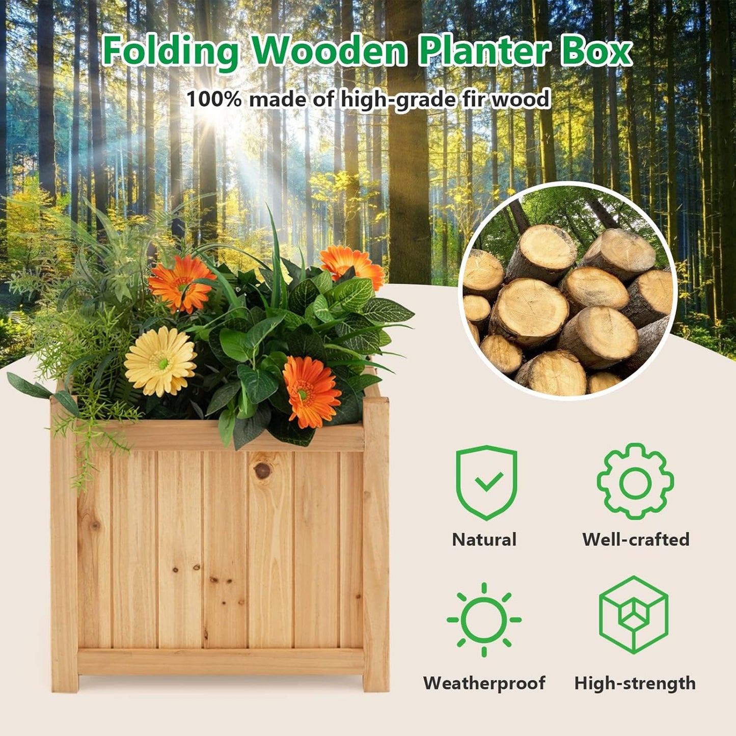 Giantex 15” Planter Raised Garden Bed - Wooden Planting Box, Outdoor Folding Square Planter w/Removable Bottom, Premium Drainage System for Herbs, Fruits, Flowers, Succulents, Simple Assembly