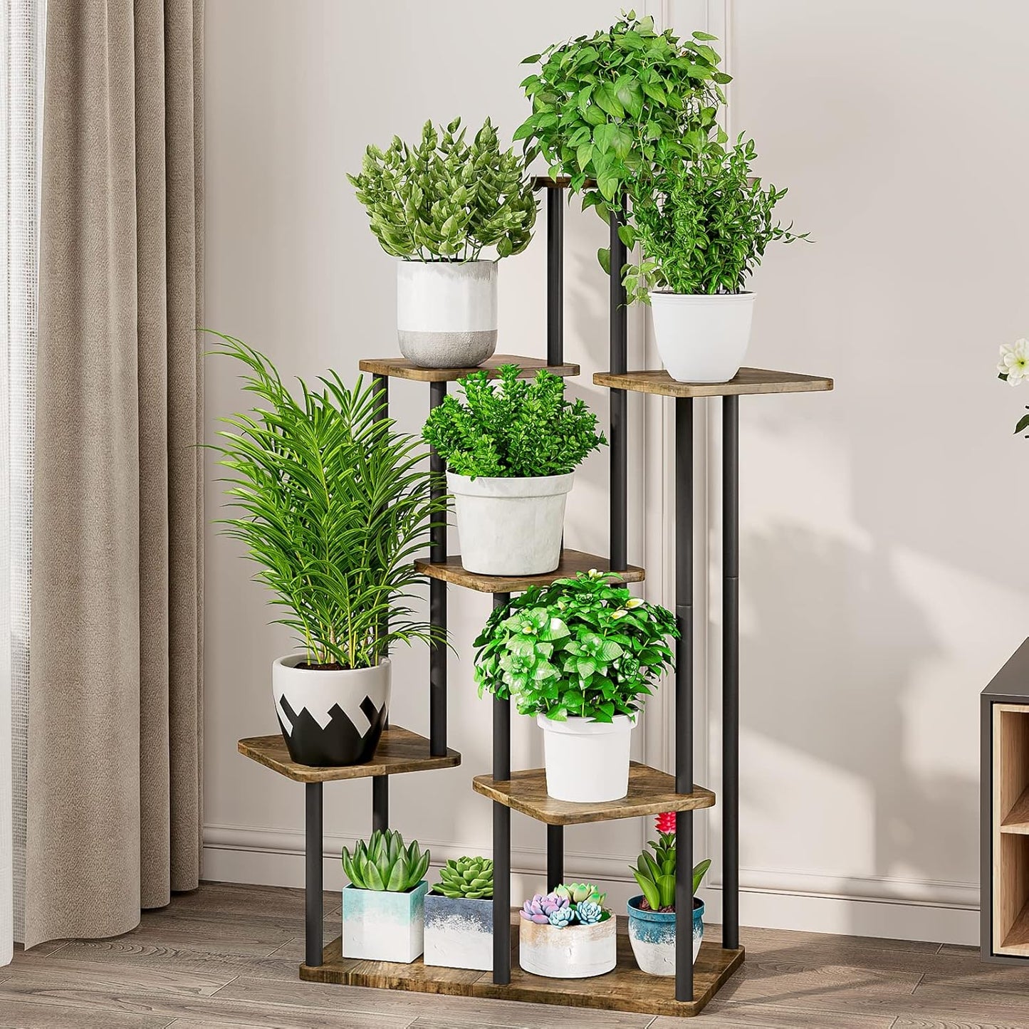 AZERPIAN Plant Stand 7 Tier Indoor Metal Flower Shelf for Multiple Plants Corner Tall Flower Holders for Patio Garden Living Room Balcony Bedroom, Black (7 Tier-Black)