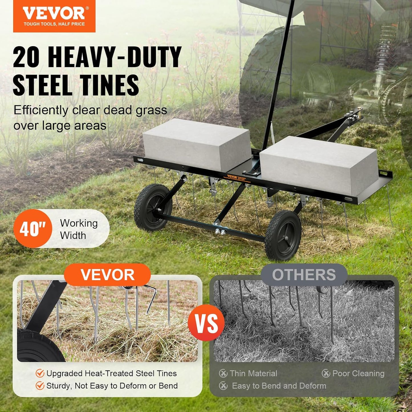 VEVOR Tow Behind Dethatcher, 40-inch Tow Dethatcher with 20 Spring Steel Tines, Lawn Dethatcher Rake for ATV or Mower, Tow Behind Lawn Rake with Lift Handle for Garden Farm Grass