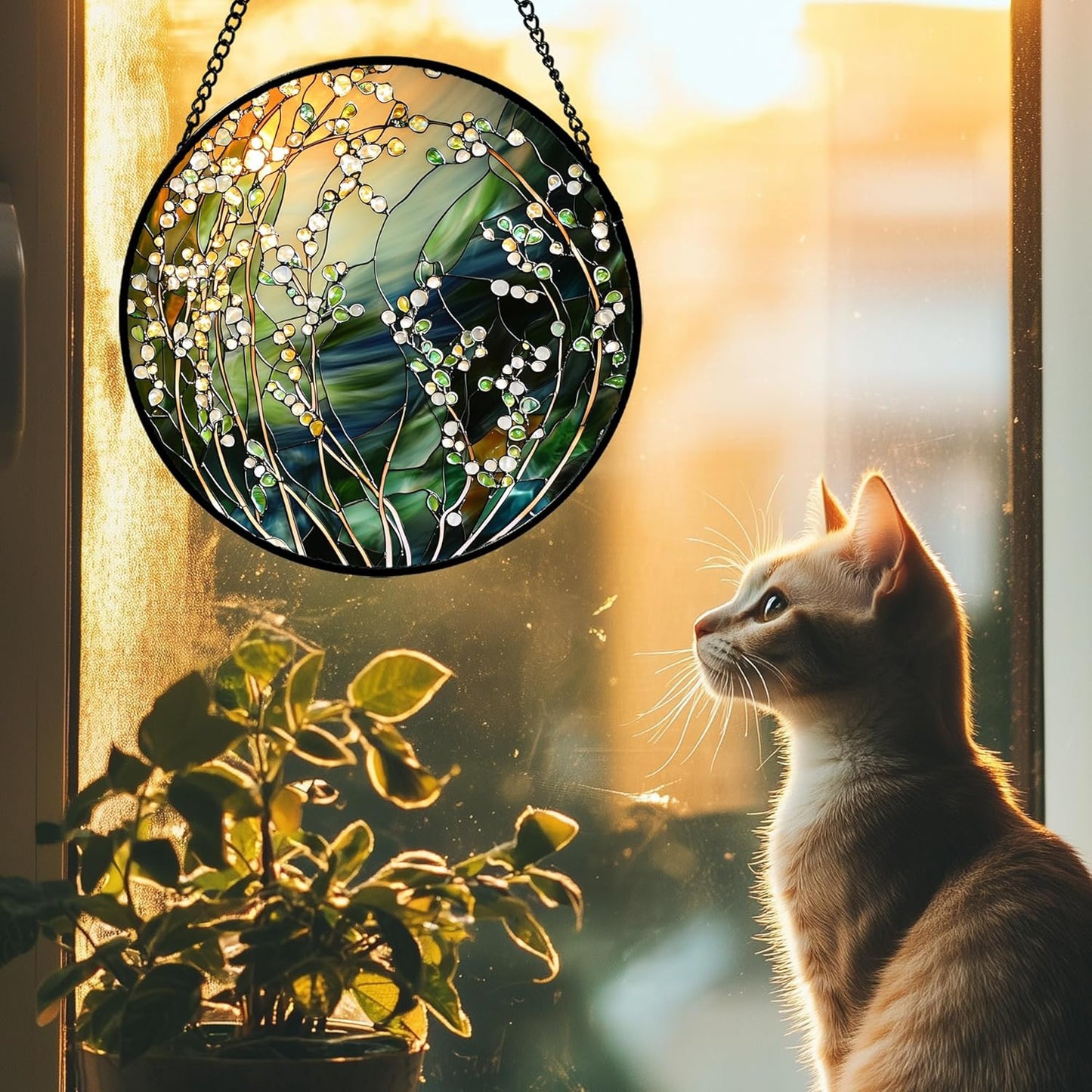 Stained Glass Suncatcher, Yellow Green Gradient Flower Sun Catcher Plants Stain Glass Window Hanging Decoration Mother's Day Birthday Gifts for Women Men Mom and Nana 7.8 in