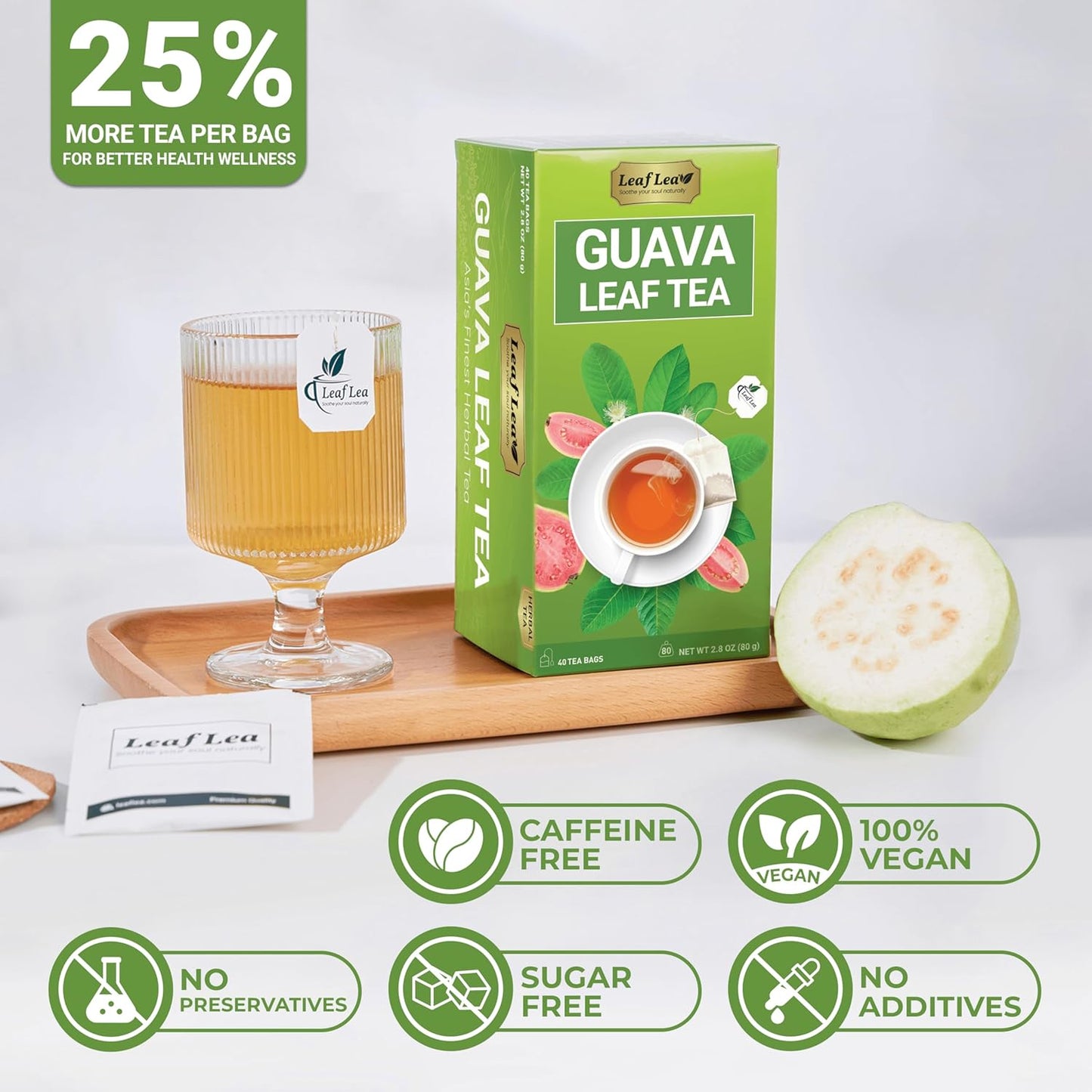 LeafLea 120 Guava Leaf Tea Bags, Premium Natural Herbal Tea, 100% Hojas De Guayaba, Caffeine-Free, Non-GMO, Supports Digestion & Immune Health, Packed with Natural Goodness