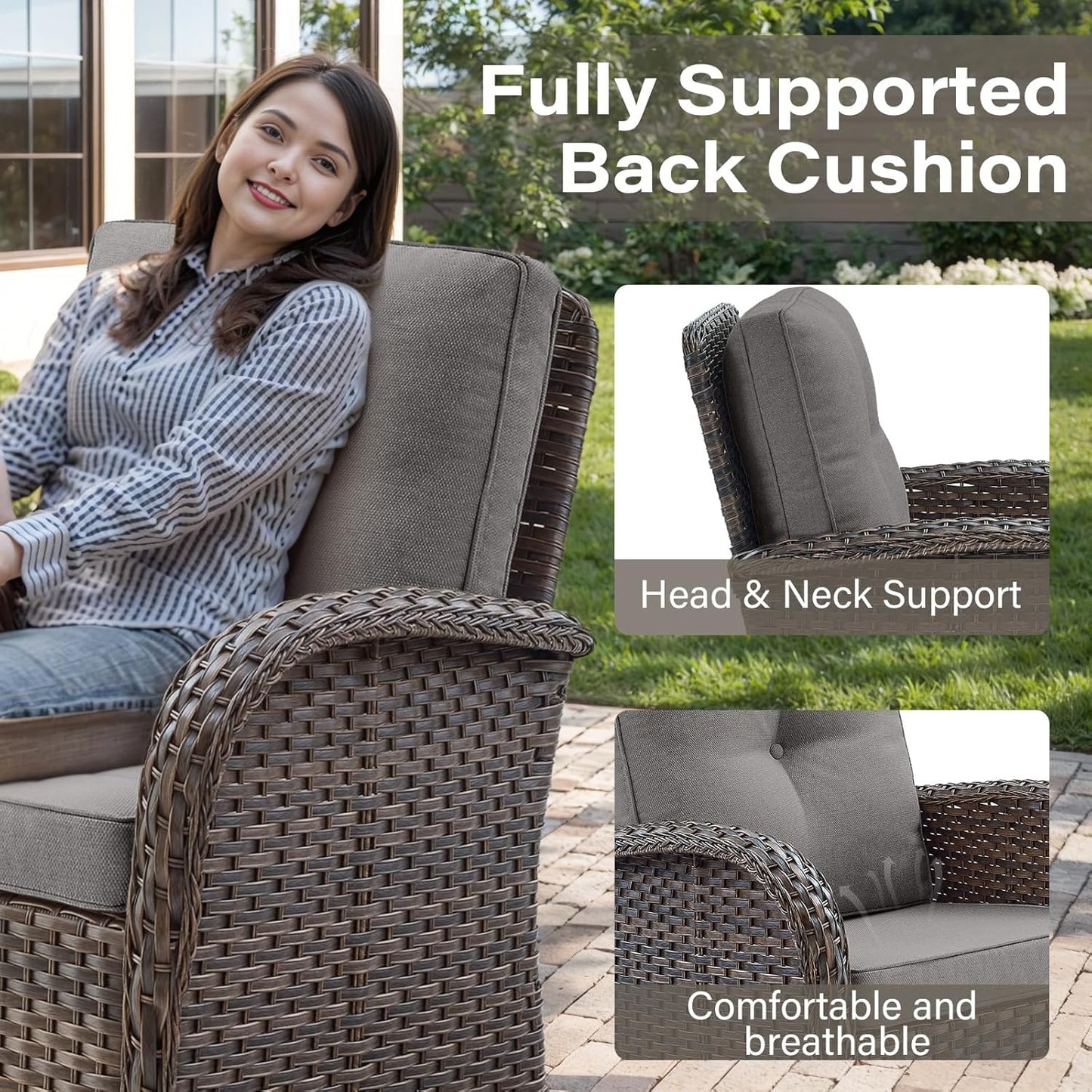 Grand 13 Pieces Outdoor Patio Furniture Set with 4 Swivel Glider Chairs and 50000 BTU Propane Fire Pit Table, Patio Conversation Set with Sofa and Wicker Side Table for Big Garden Backyard