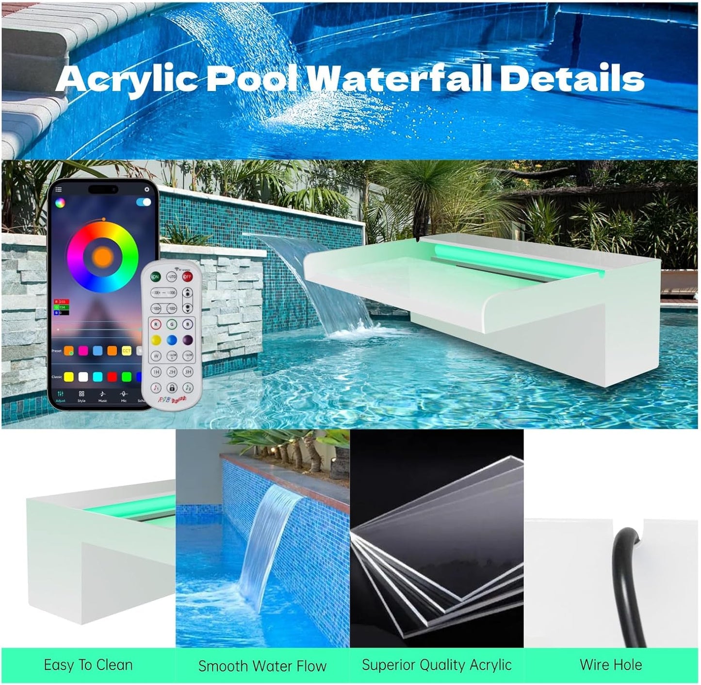 Pond Waterfall Spillway, APP Control Multi-Color LED Light Outdoor Pool Fountain, Acrylic Water Spillway Koi Fountains Kit for Garden Patio Swimming Pool Decoration - 11.8"x7.8"x3.9"